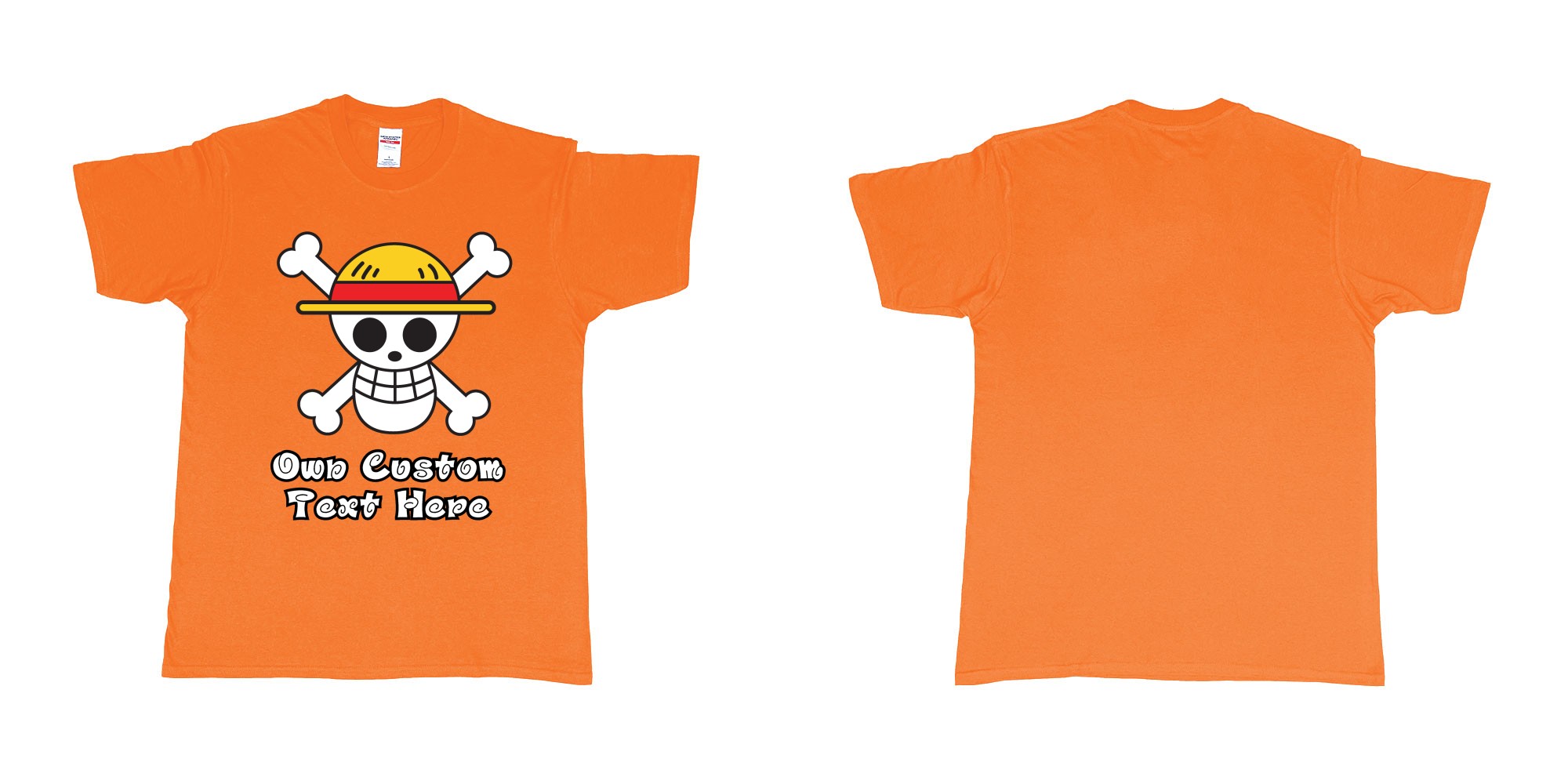 Custom tshirt design jolly roger of the straw hat pirates one piece custom print in fabric color orange choice your own text made in Bali by The Pirate Way