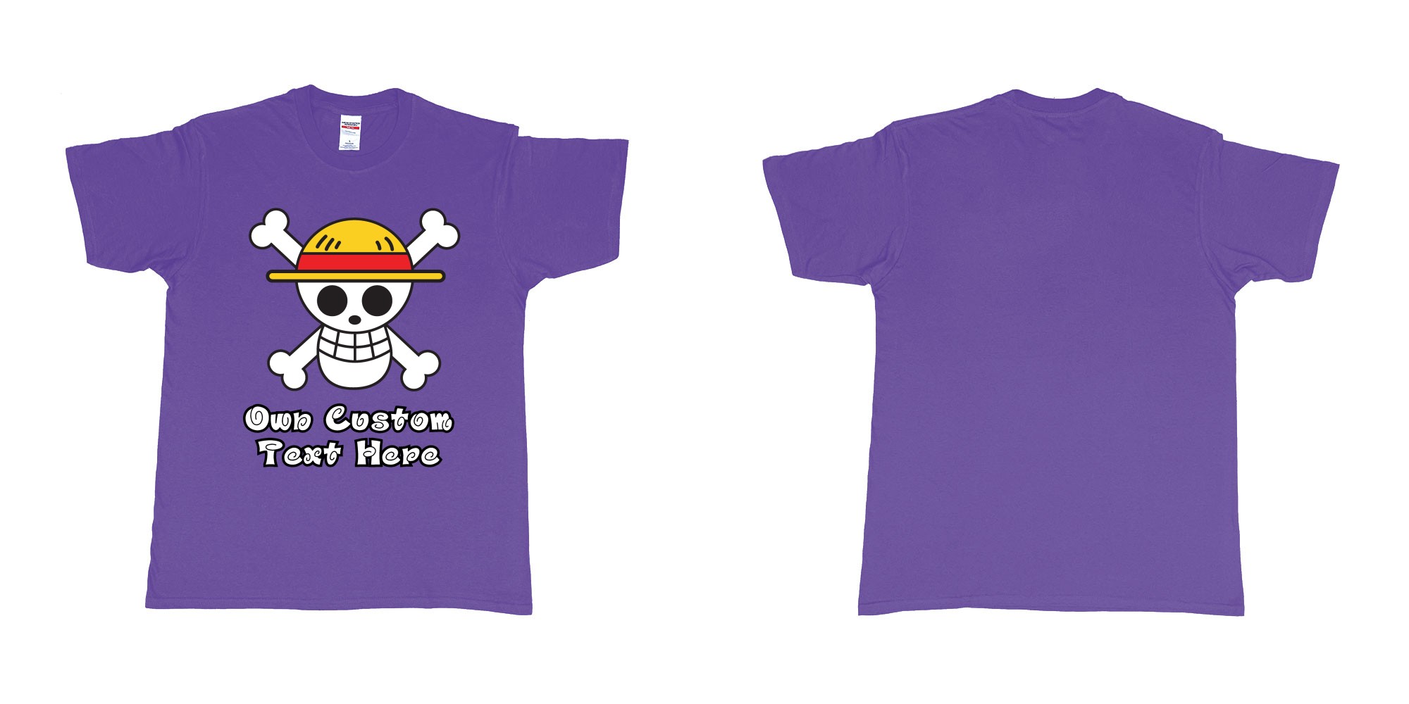 Custom tshirt design jolly roger of the straw hat pirates one piece custom print in fabric color purple choice your own text made in Bali by The Pirate Way
