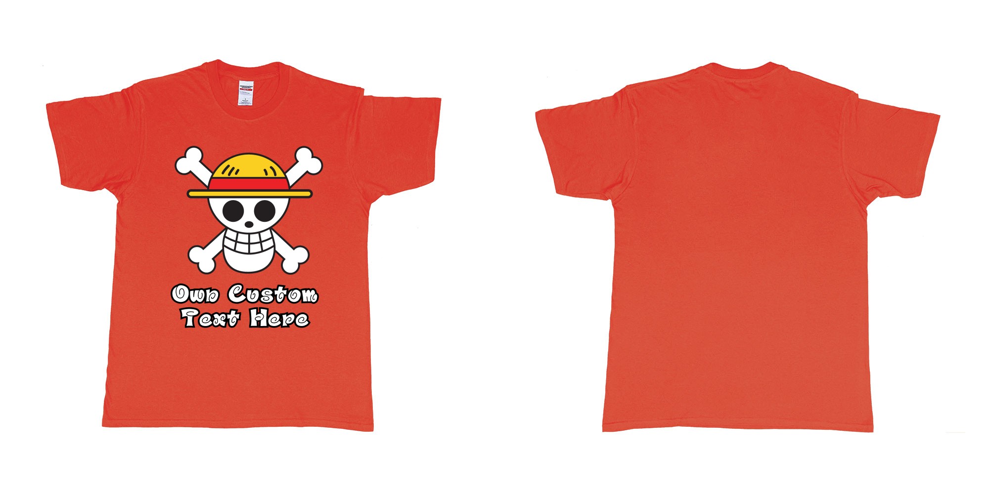 Custom tshirt design jolly roger of the straw hat pirates one piece custom print in fabric color red choice your own text made in Bali by The Pirate Way