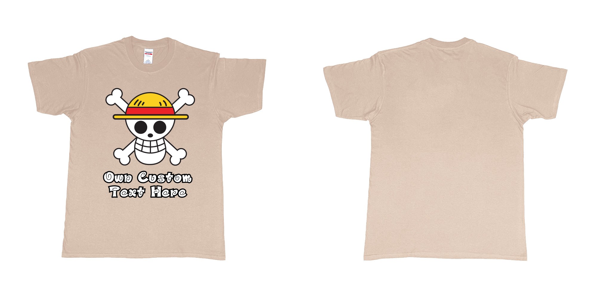 Custom tshirt design jolly roger of the straw hat pirates one piece custom print in fabric color sand choice your own text made in Bali by The Pirate Way