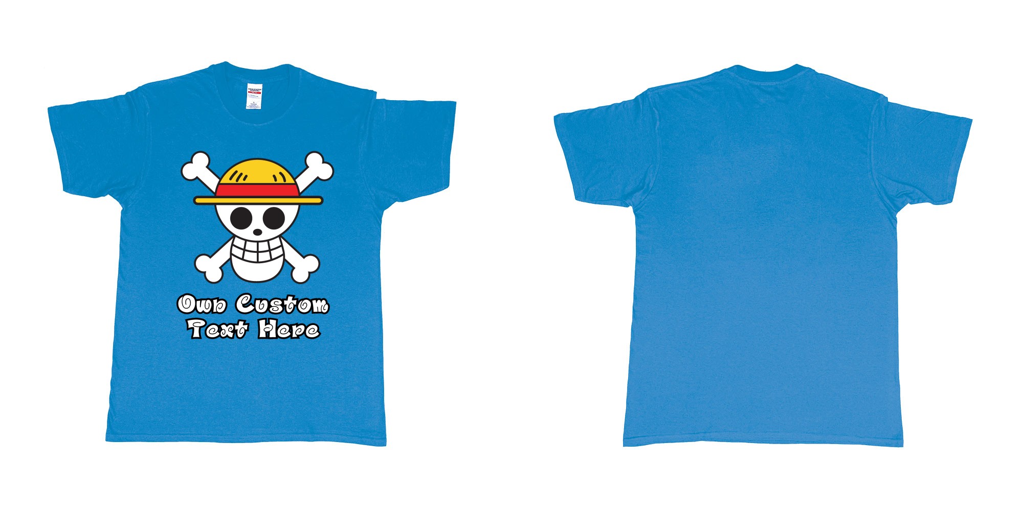 Custom tshirt design jolly roger of the straw hat pirates one piece custom print in fabric color sapphire choice your own text made in Bali by The Pirate Way