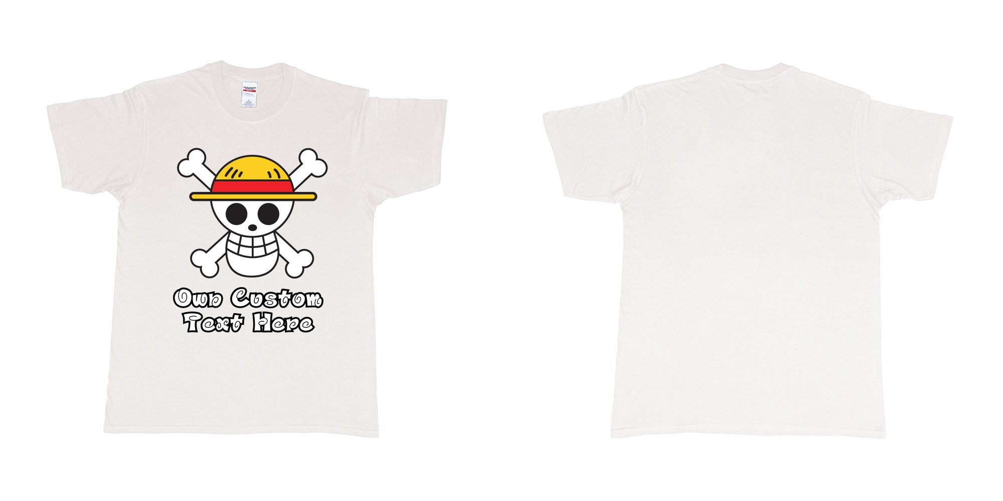 Custom tshirt design jolly roger of the straw hat pirates one piece custom print in fabric color white choice your own text made in Bali by The Pirate Way