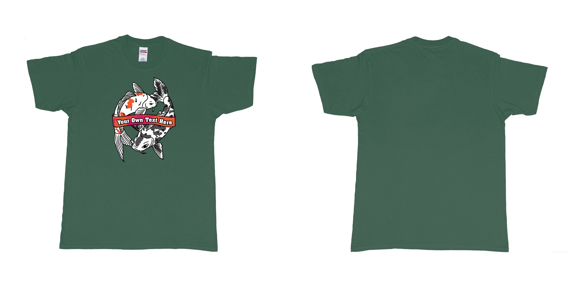 Custom tshirt design koi swimming in yin and yang pattern with customizable banner for personalized text print in fabric color forest-green choice your own text made in Bali by The Pirate Way