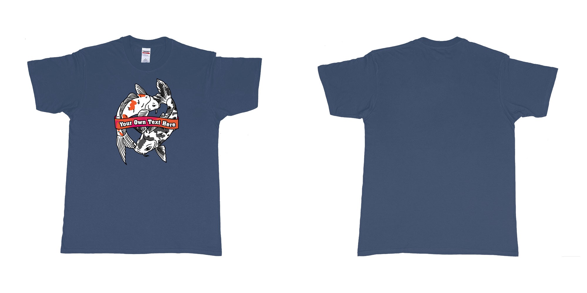 Custom tshirt design koi swimming in yin and yang pattern with customizable banner for personalized text print in fabric color navy choice your own text made in Bali by The Pirate Way