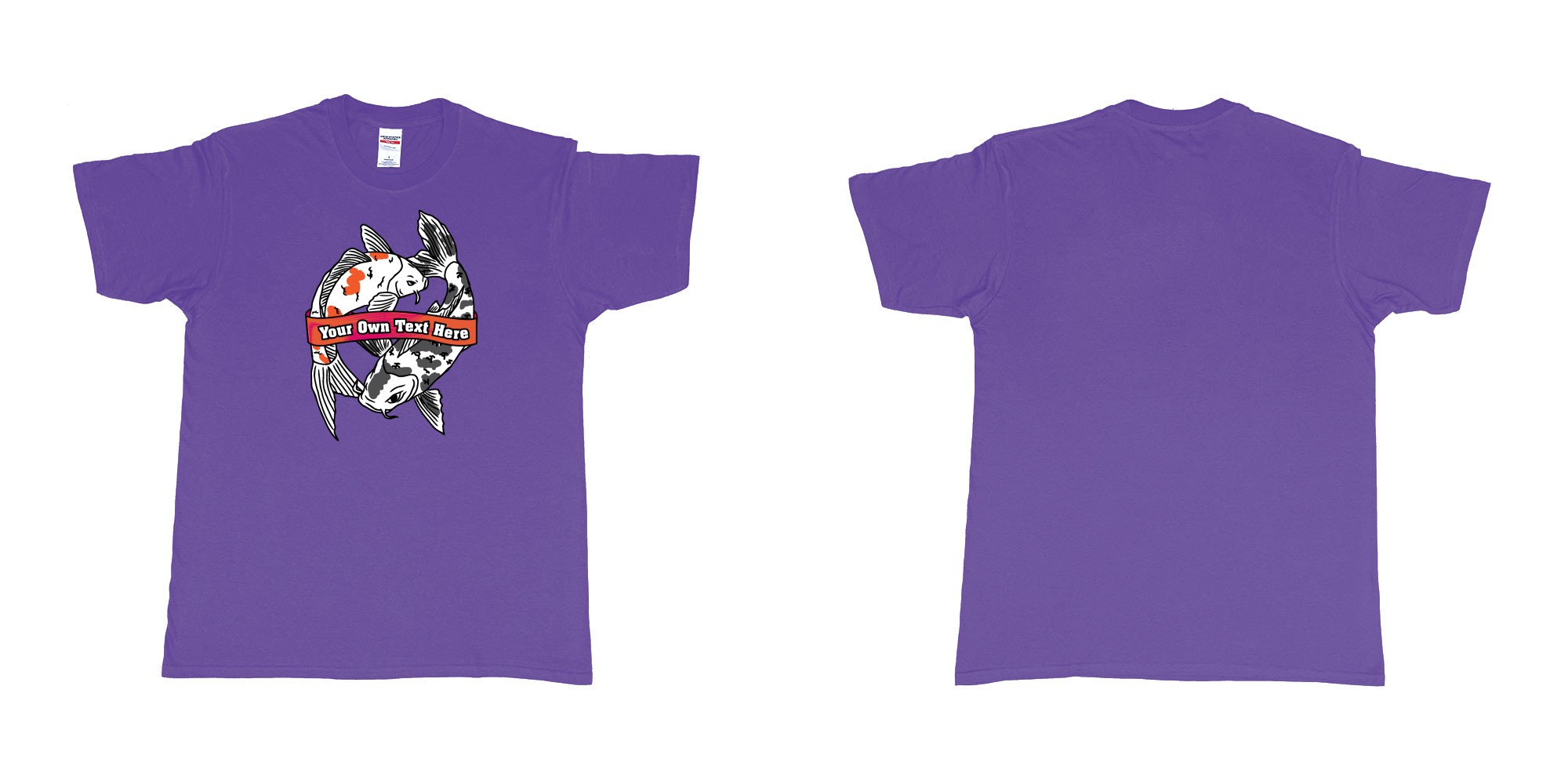 Custom tshirt design koi swimming in yin and yang pattern with customizable banner for personalized text print in fabric color purple choice your own text made in Bali by The Pirate Way