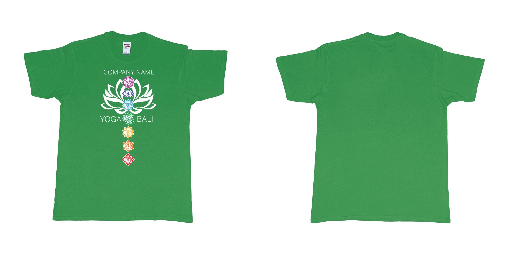 Custom tshirt design lotus flower chakras yoga hindi symbols for custom teeshirt printing in fabric color irish-green choice your own text made in Bali by The Pirate Way