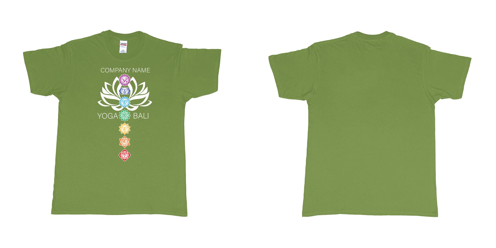 Custom tshirt design lotus flower chakras yoga hindi symbols for custom teeshirt printing in fabric color military-green choice your own text made in Bali by The Pirate Way