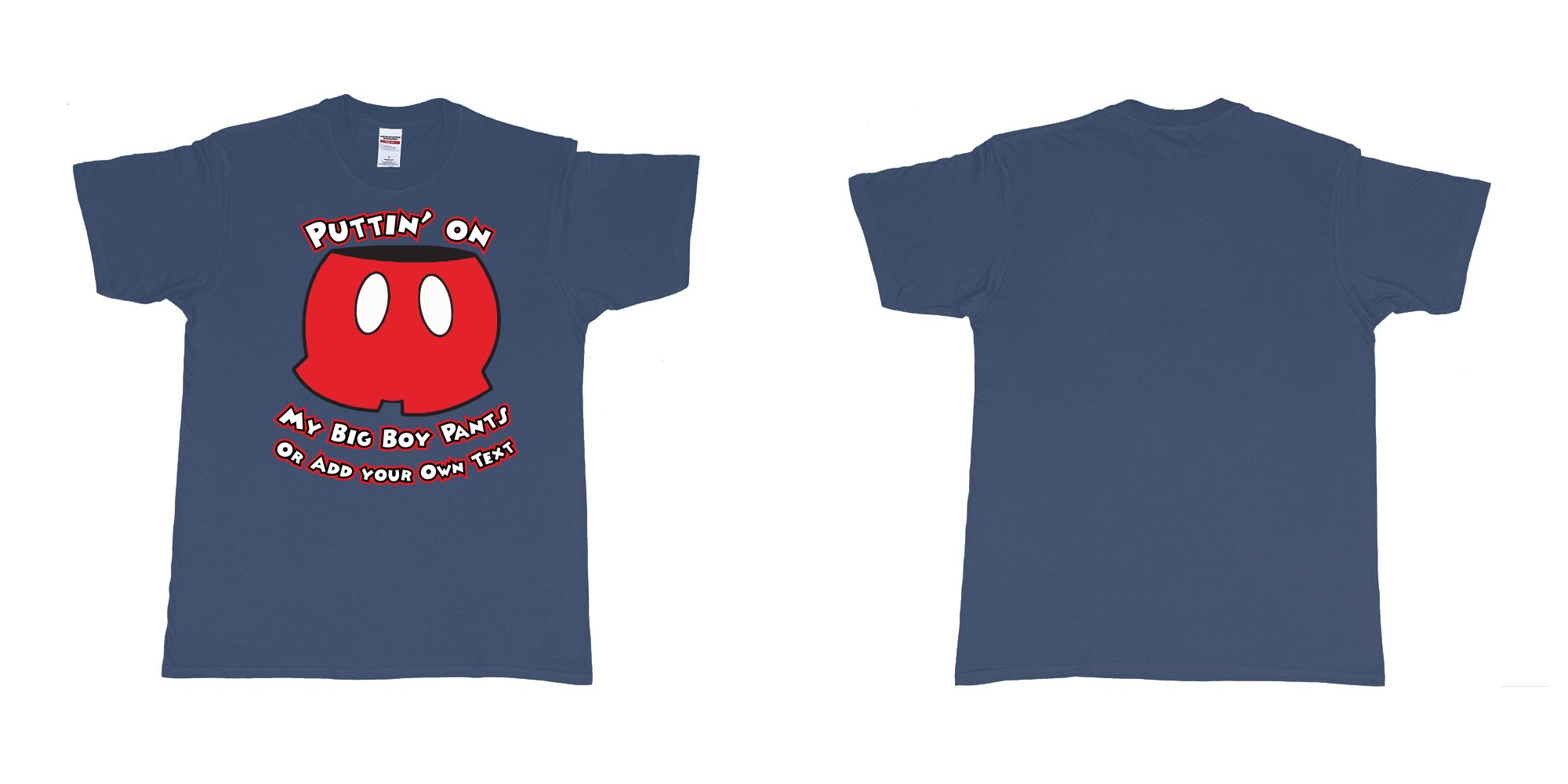 Custom tshirt design mickey mouse putting on my big boy pants in fabric color navy choice your own text made in Bali by The Pirate Way