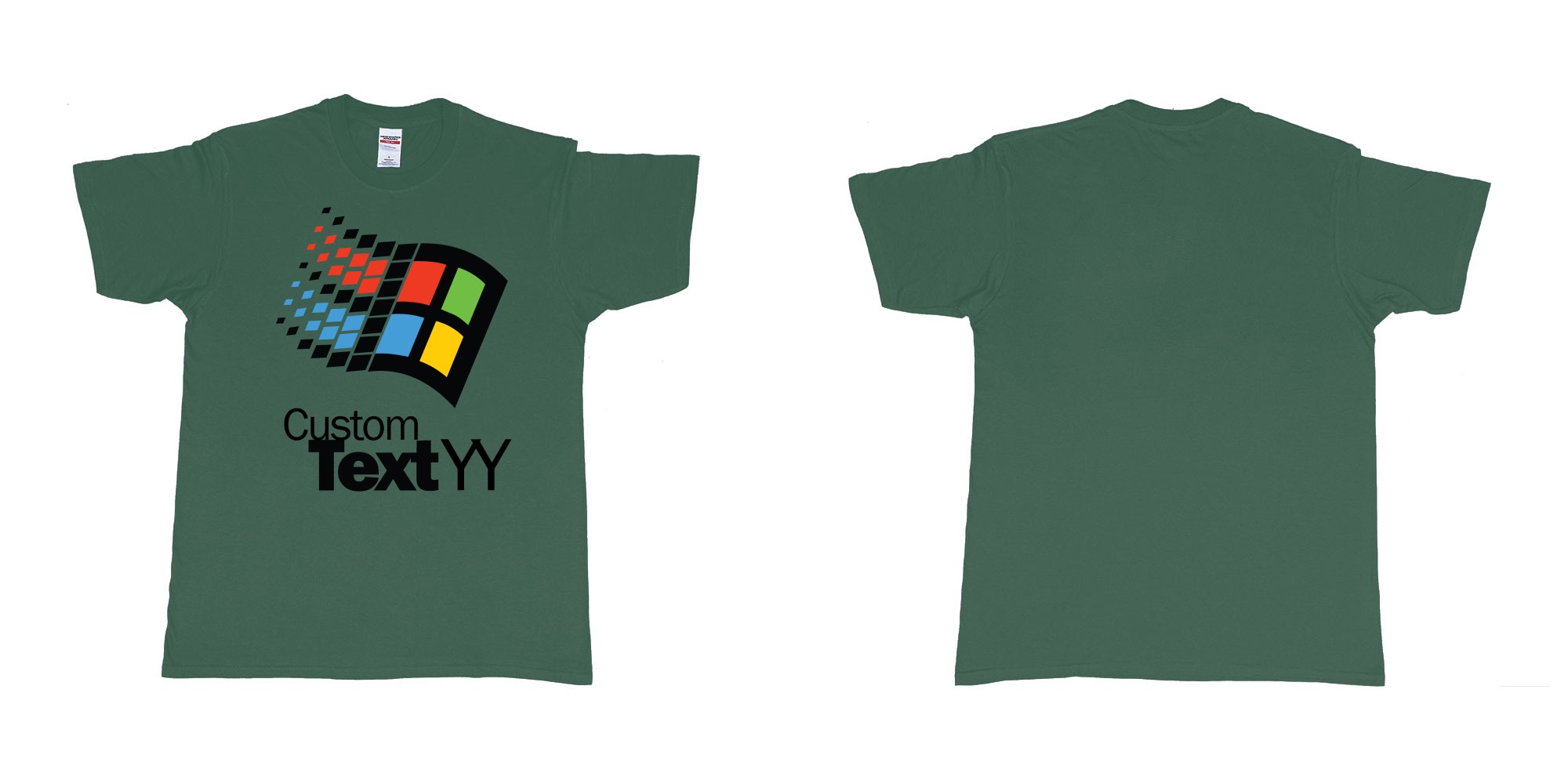 Custom tshirt design microsoft windows 95 classic logo custom text and year print in fabric color forest-green choice your own text made in Bali by The Pirate Way