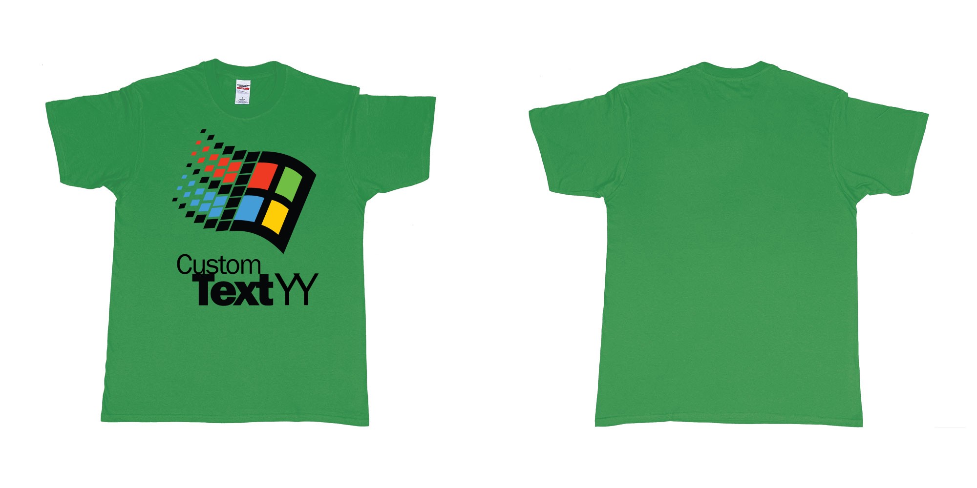 Custom tshirt design microsoft windows 95 classic logo custom text and year print in fabric color irish-green choice your own text made in Bali by The Pirate Way