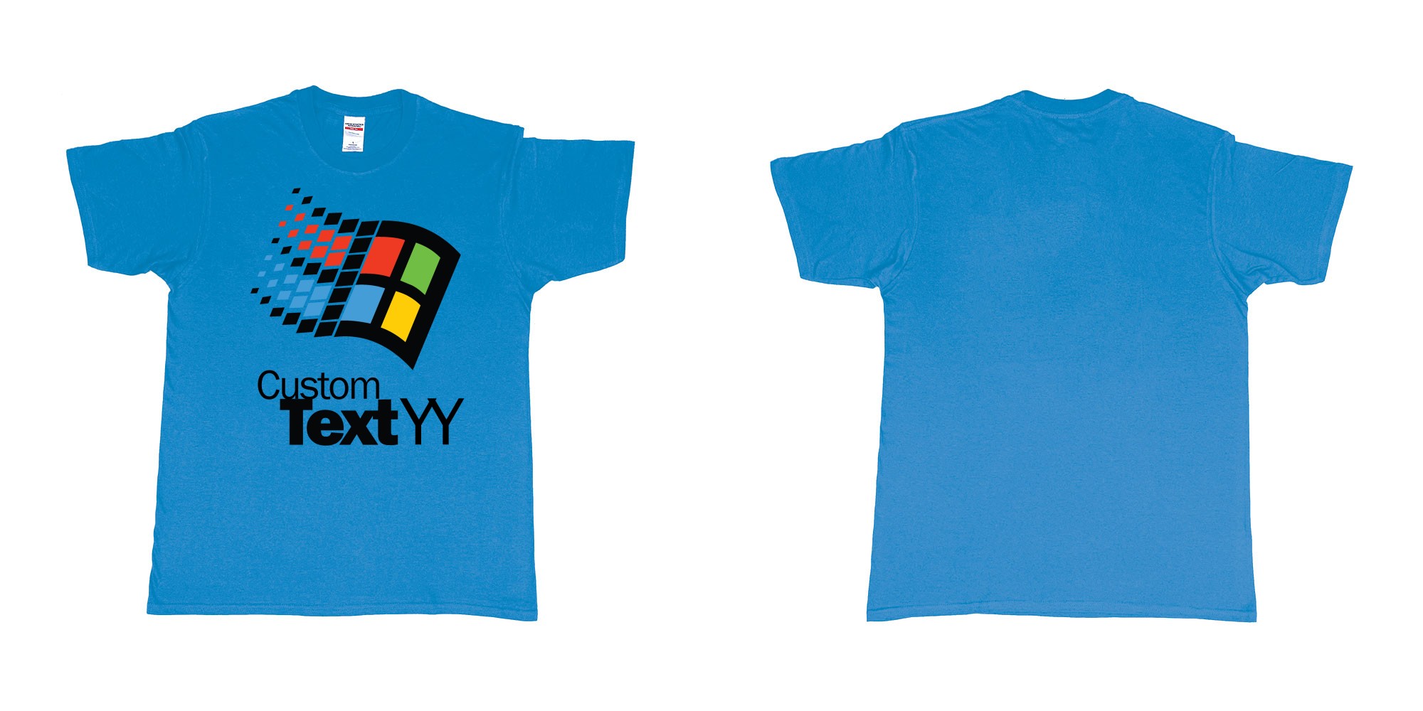 Custom tshirt design microsoft windows 95 classic logo custom text and year print in fabric color sapphire choice your own text made in Bali by The Pirate Way
