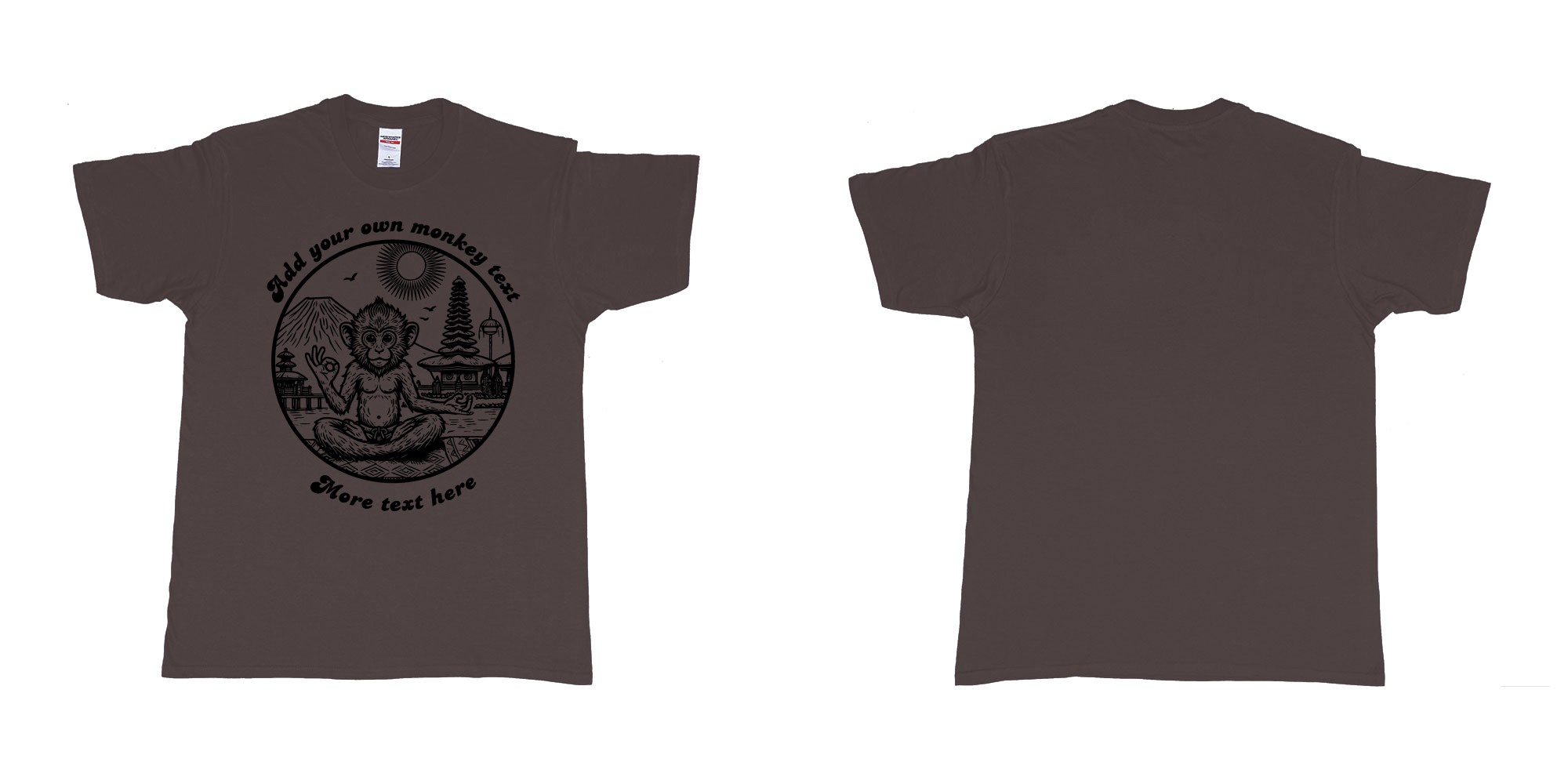 Custom tshirt design monkey yoga bali drawing design ubud custom text in fabric color dark-chocolate choice your own text made in Bali by The Pirate Way