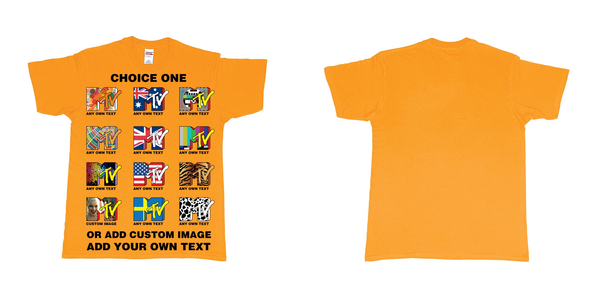 Custom tshirt design mtv logo choice any background text print in fabric color gold choice your own text made in Bali by The Pirate Way