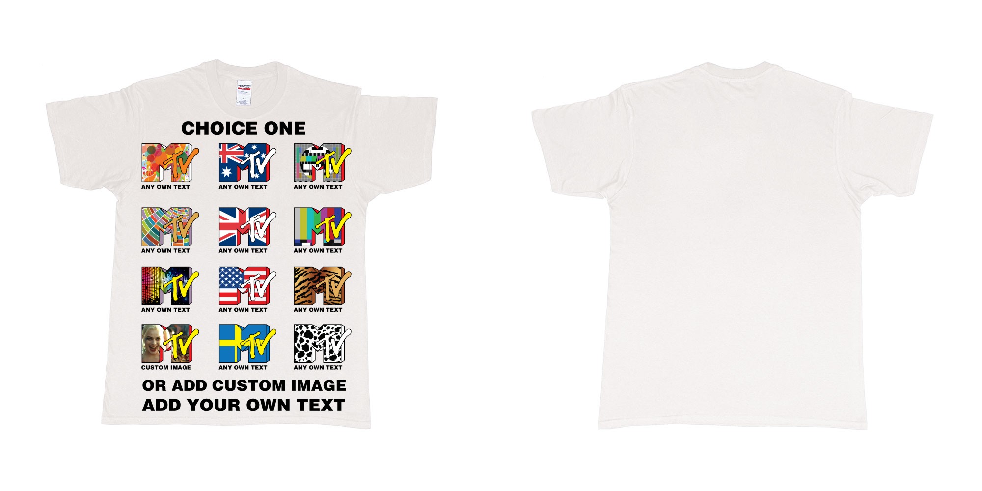 Custom tshirt design mtv logo choice any background text print in fabric color white choice your own text made in Bali by The Pirate Way