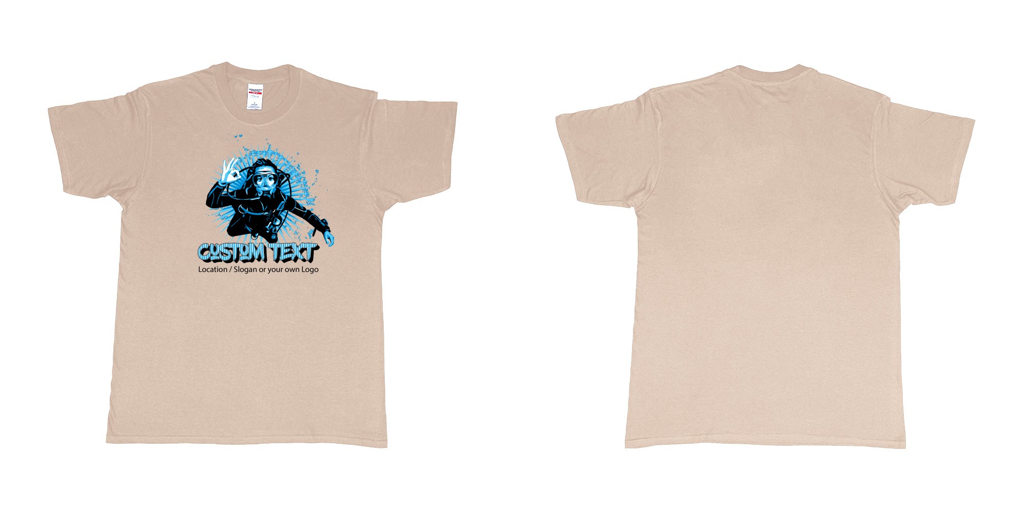 Custom tshirt design ok scuba diver custom text logo in fabric color sand choice your own text made in Bali by The Pirate Way