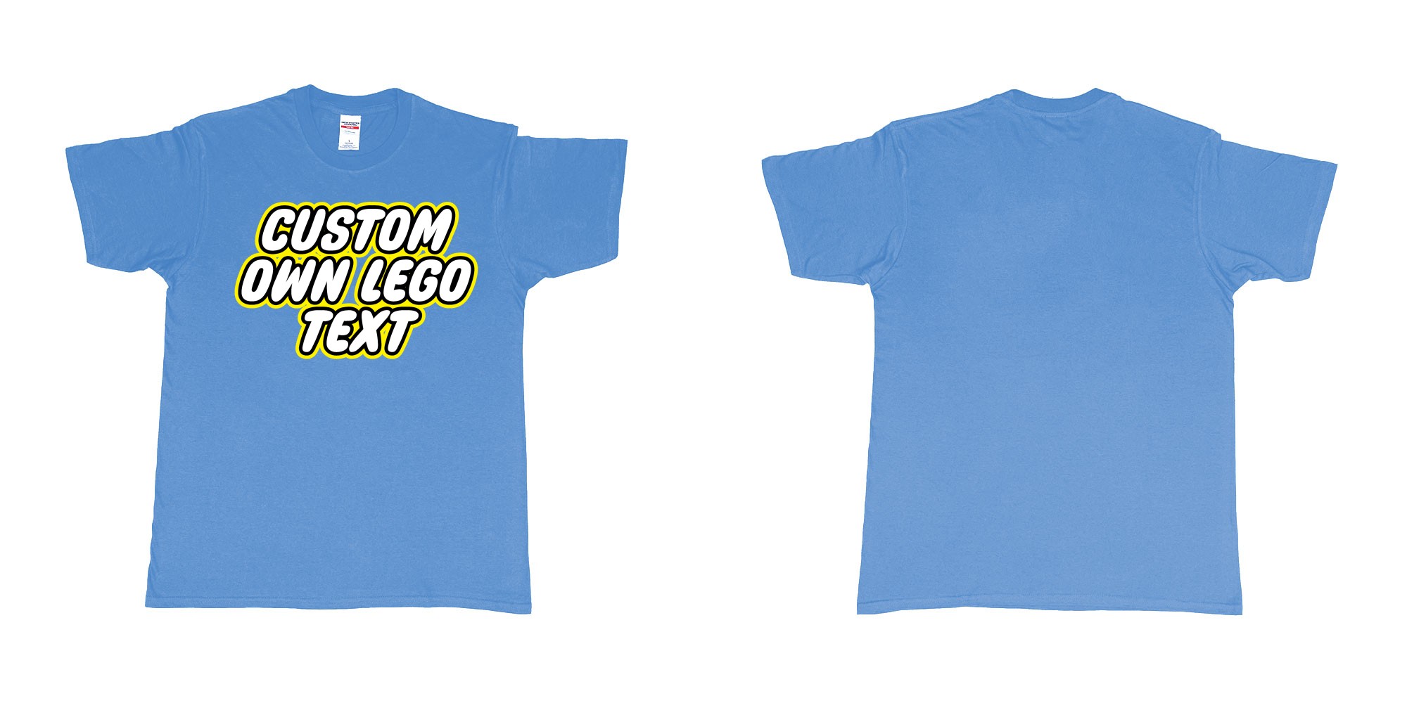 Custom tshirt design own custom lego font text tshirt printing bali in fabric color carolina-blue choice your own text made in Bali by The Pirate Way