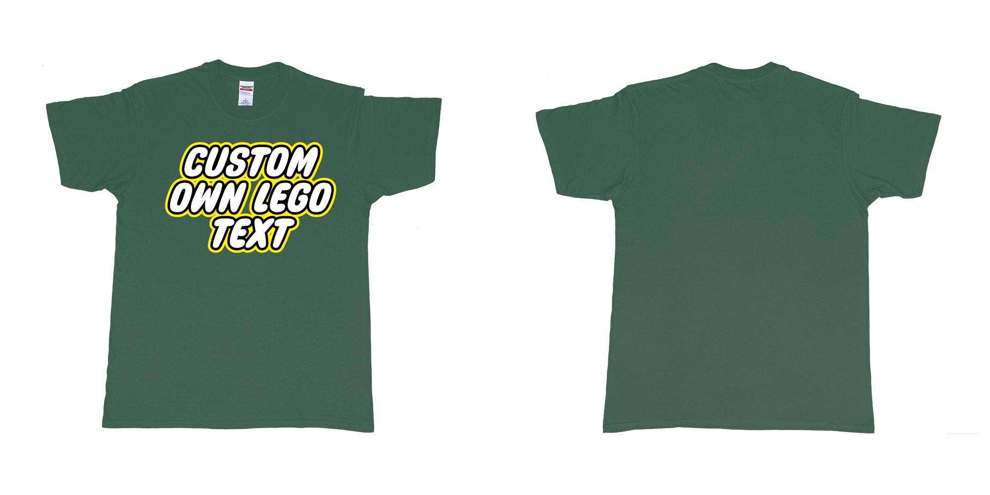 Custom tshirt design own custom lego font text tshirt printing bali in fabric color forest-green choice your own text made in Bali by The Pirate Way