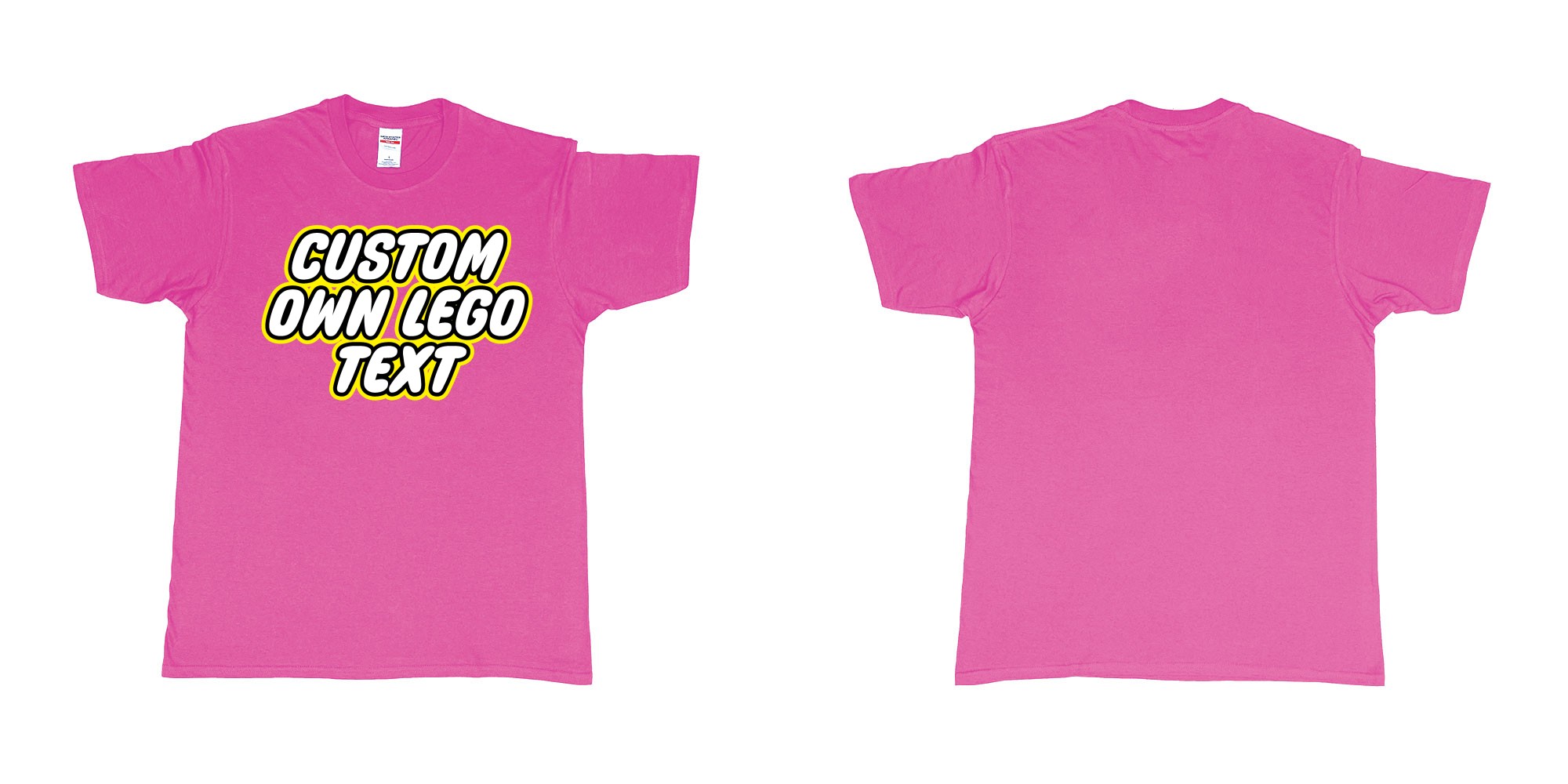 Custom tshirt design own custom lego font text tshirt printing bali in fabric color heliconia choice your own text made in Bali by The Pirate Way