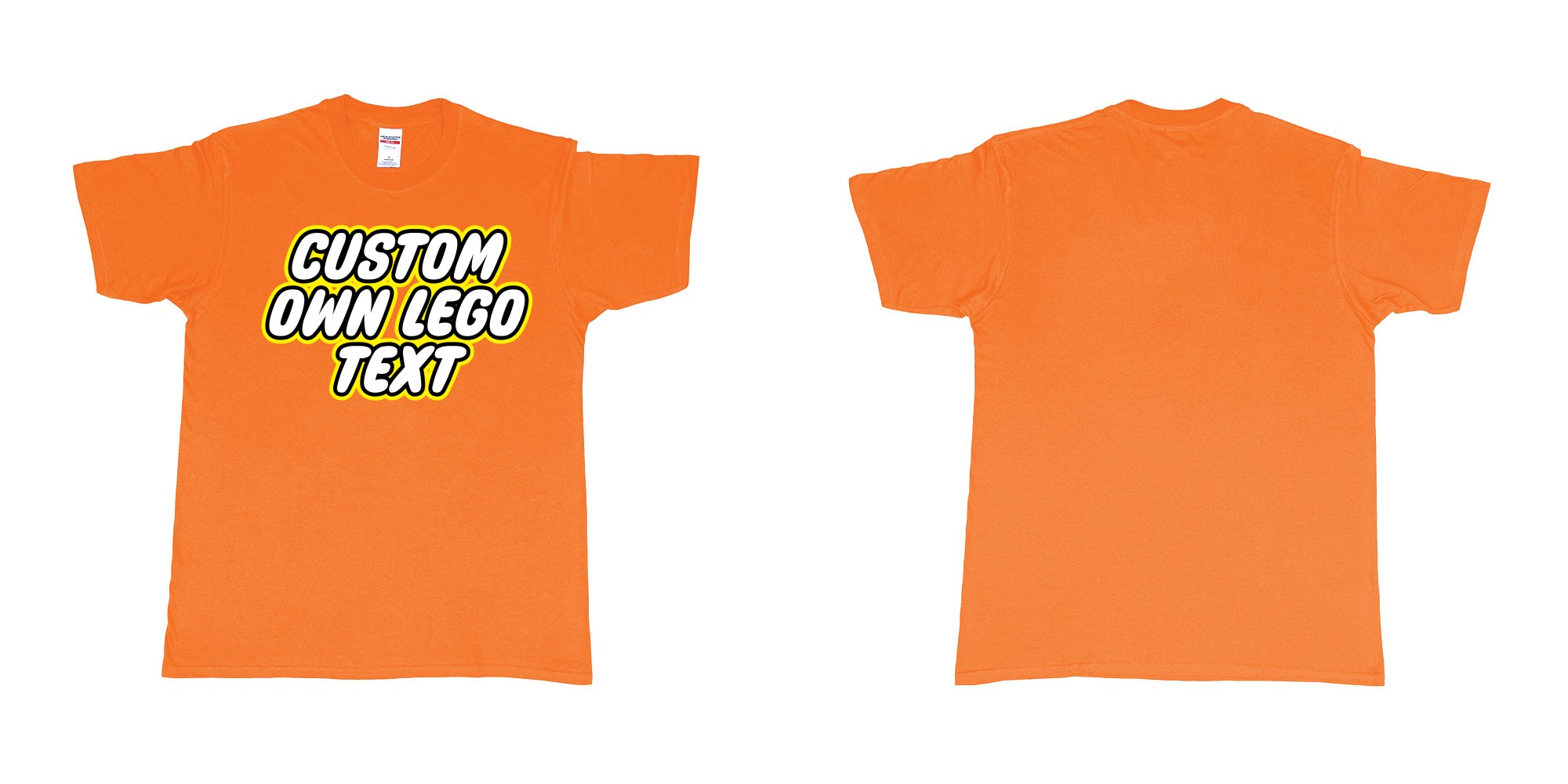Custom tshirt design own custom lego font text tshirt printing bali in fabric color orange choice your own text made in Bali by The Pirate Way