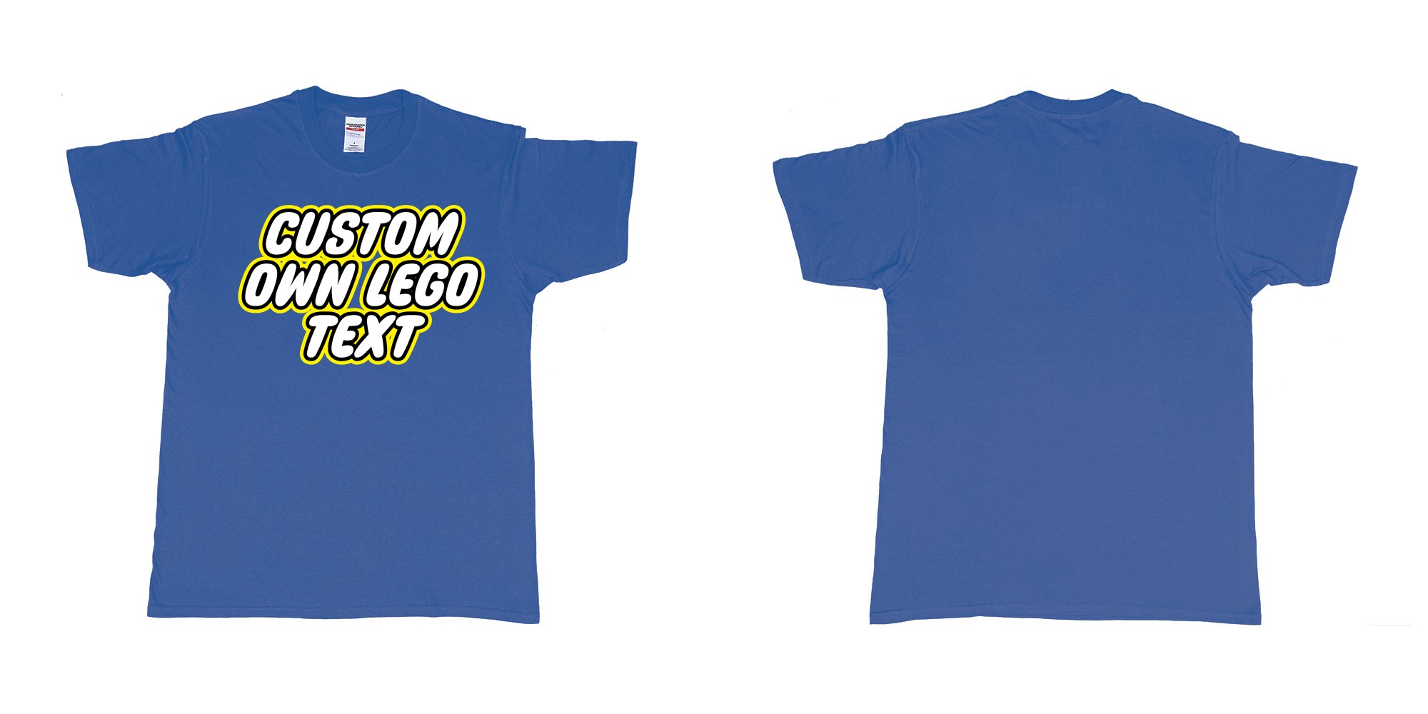Custom tshirt design own custom lego font text tshirt printing bali in fabric color royal-blue choice your own text made in Bali by The Pirate Way