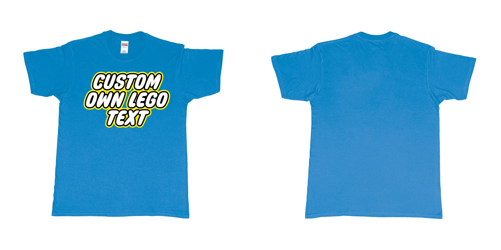 Custom tshirt design own custom lego font text tshirt printing bali in fabric color sapphire choice your own text made in Bali by The Pirate Way