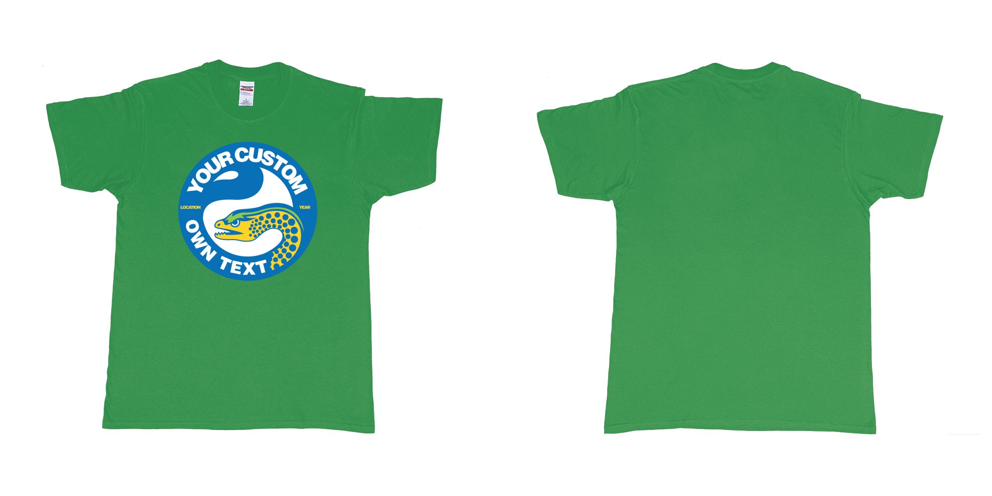 Custom tshirt design parramatta eels own custom logo nrl teeshirt in fabric color irish-green choice your own text made in Bali by The Pirate Way