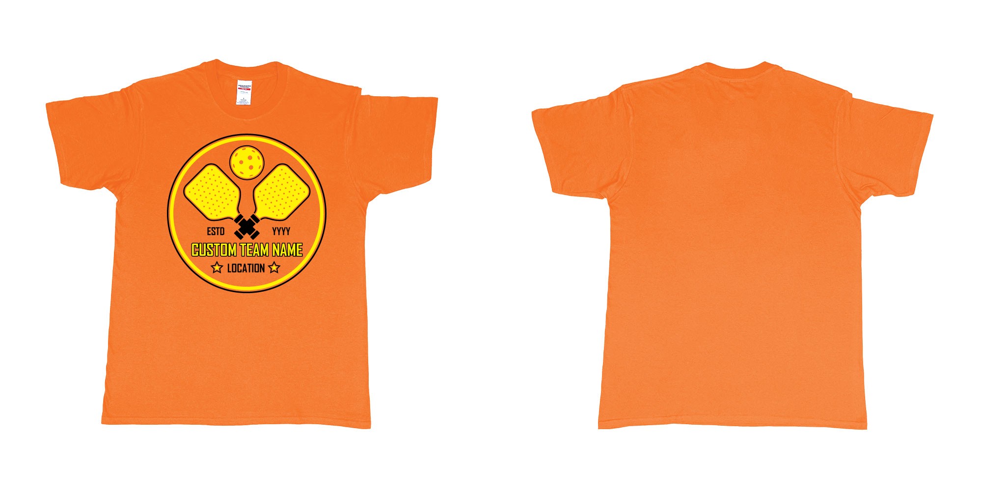 Custom tshirt design pickleball club team own custom design print bali in fabric color orange choice your own text made in Bali by The Pirate Way
