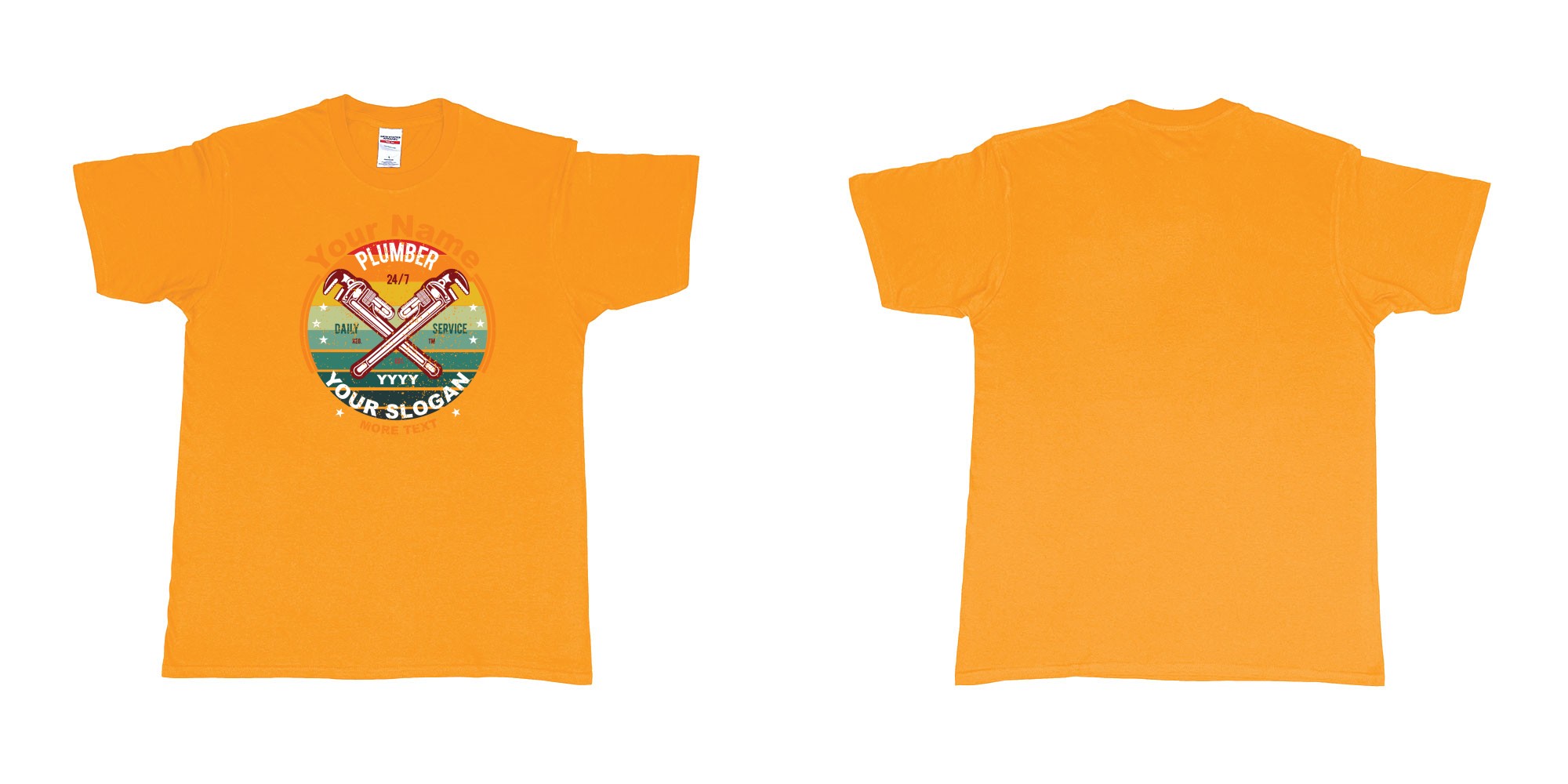 Custom tshirt design plumber plumbing wrenches circle design in fabric color gold choice your own text made in Bali by The Pirate Way