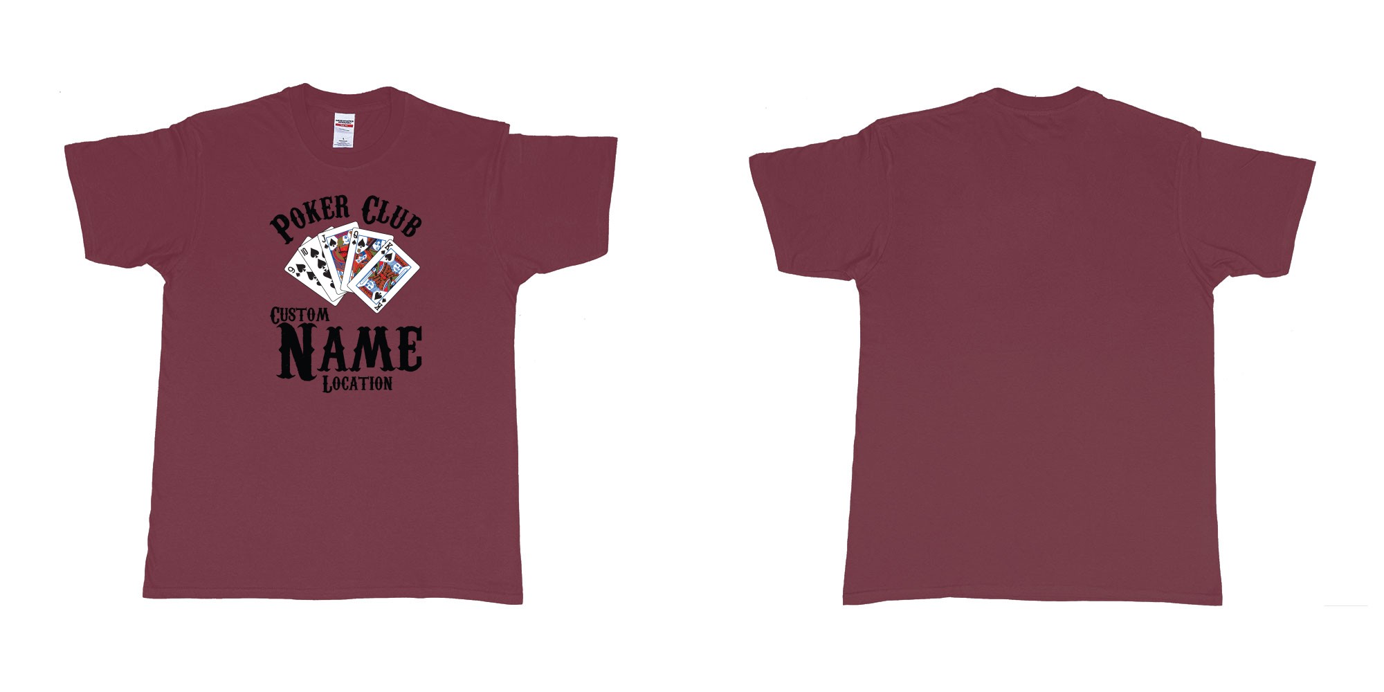 Custom tshirt design poker club custom name location design royal flush spades in fabric color marron choice your own text made in Bali by The Pirate Way