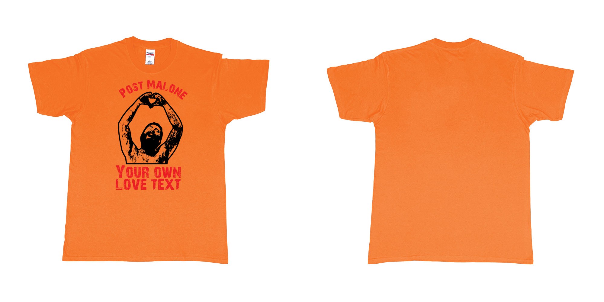 Custom tshirt design post malone making heart sign custom print in fabric color orange choice your own text made in Bali by The Pirate Way