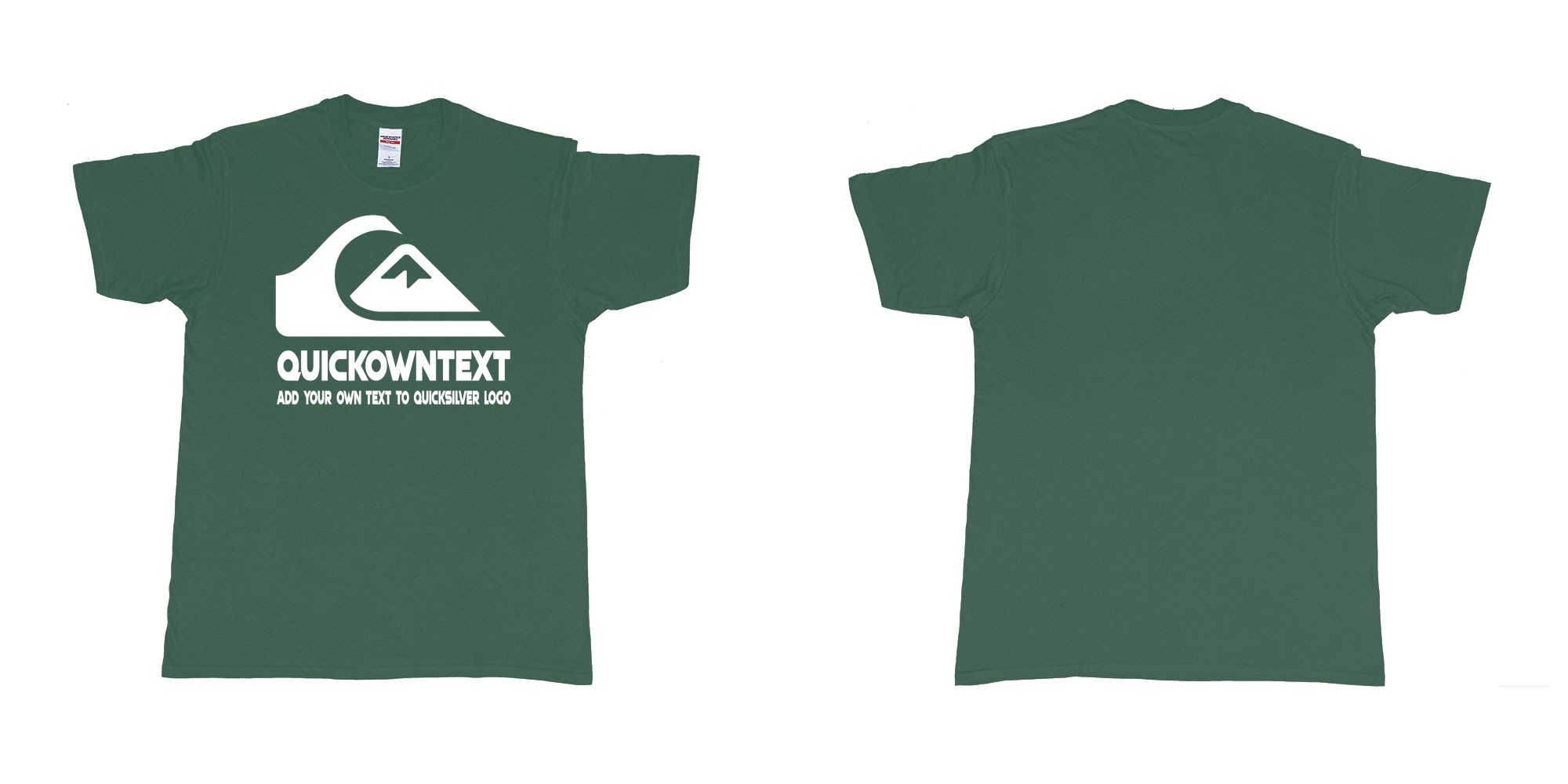 Custom tshirt design quiksilver bali surf logo wave add own text printing in fabric color forest-green choice your own text made in Bali by The Pirate Way