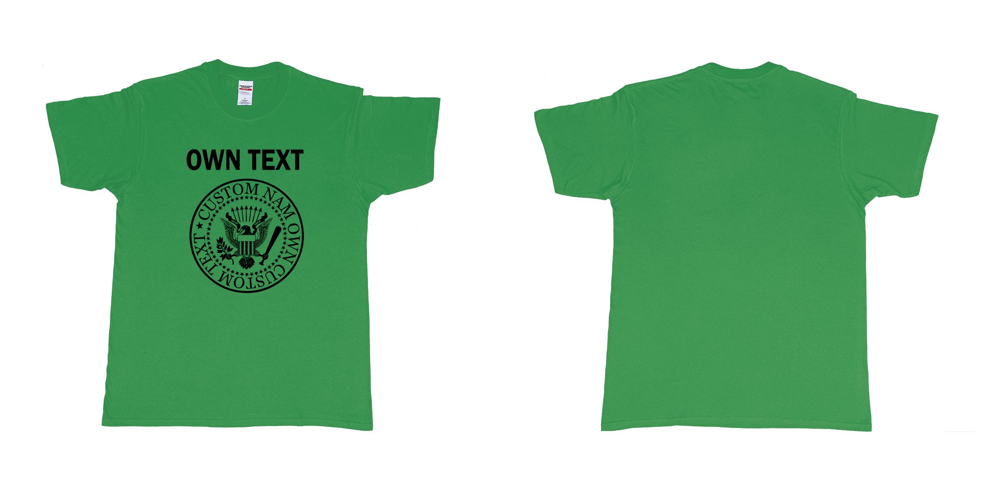 Custom tshirt design ramones eagle logo custom own text names in fabric color irish-green choice your own text made in Bali by The Pirate Way