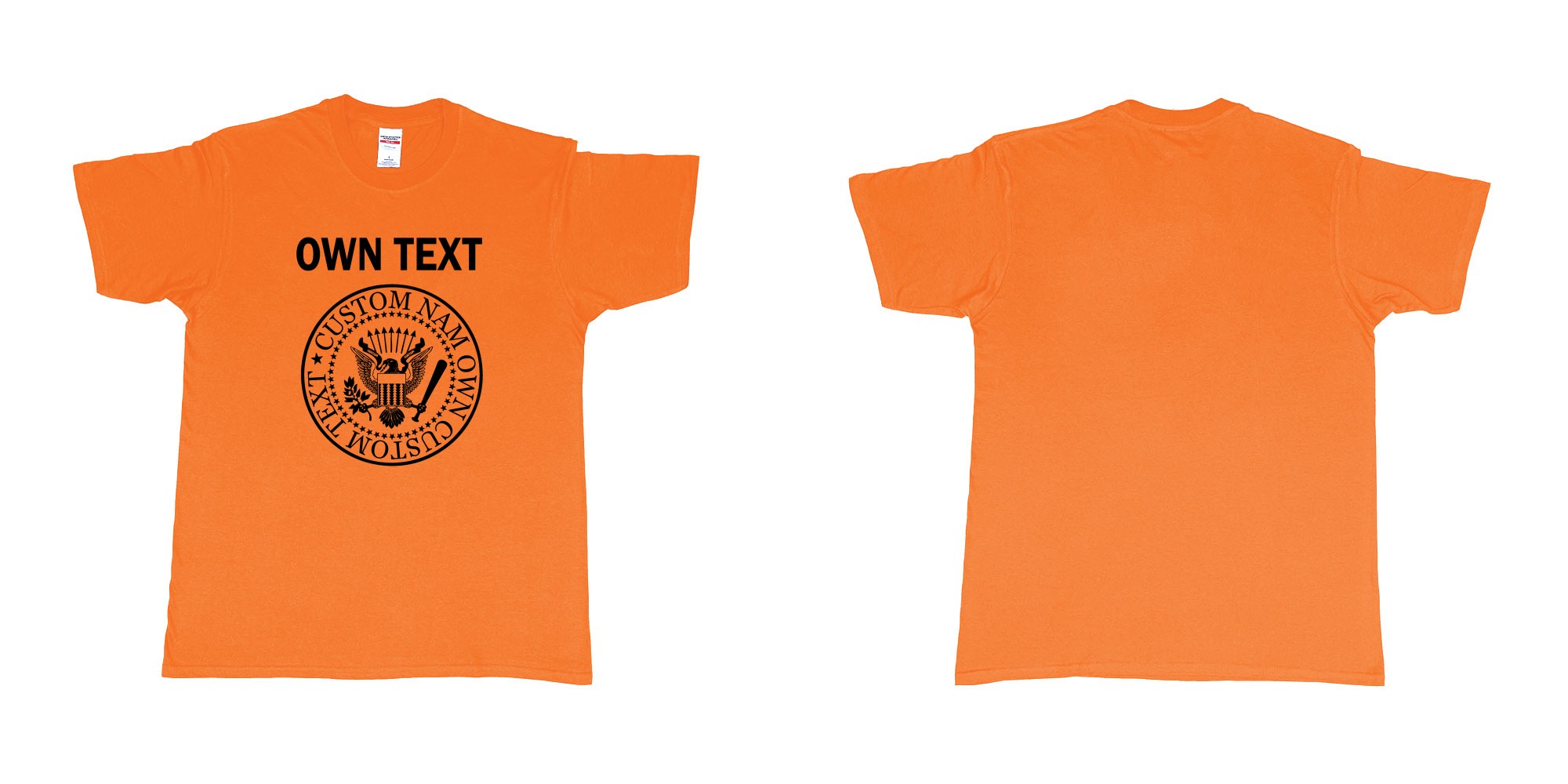 Custom tshirt design ramones eagle logo custom own text names in fabric color orange choice your own text made in Bali by The Pirate Way