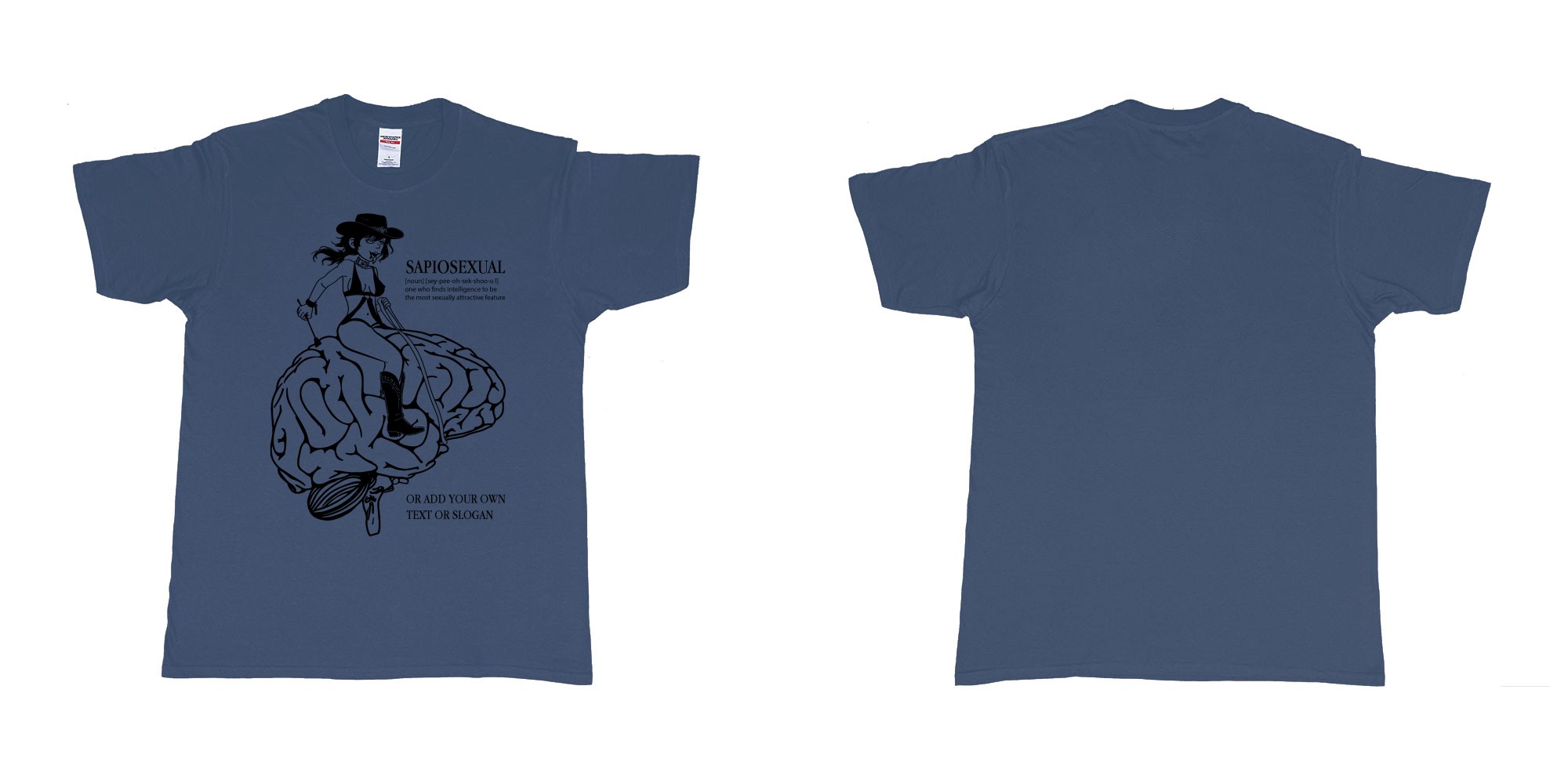 Custom tshirt design sapiosexual cowgirl riding brain in fabric color navy choice your own text made in Bali by The Pirate Way
