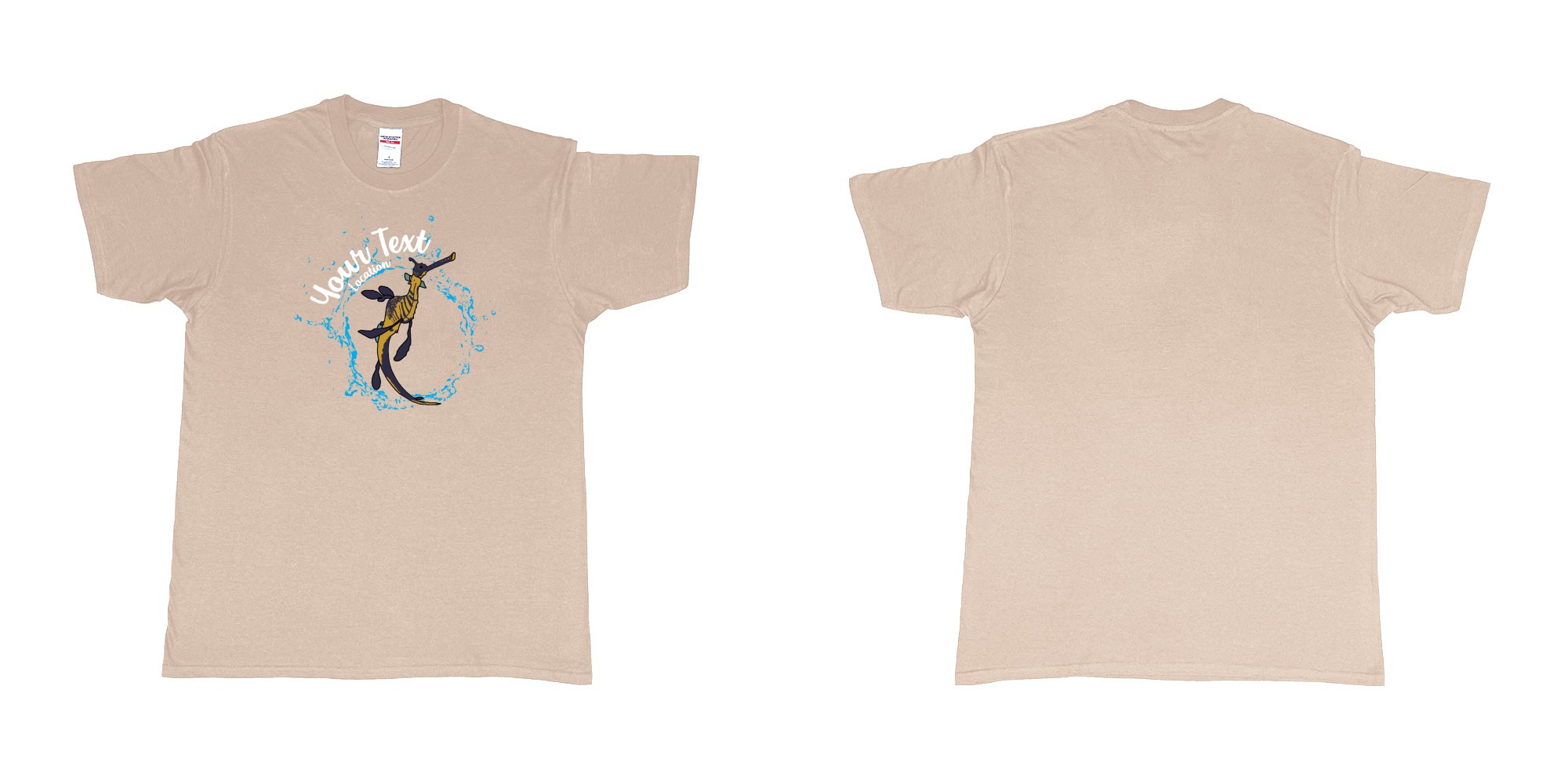 Custom tshirt design seadragon dancing bubbles diving indonesia in fabric color sand choice your own text made in Bali by The Pirate Way