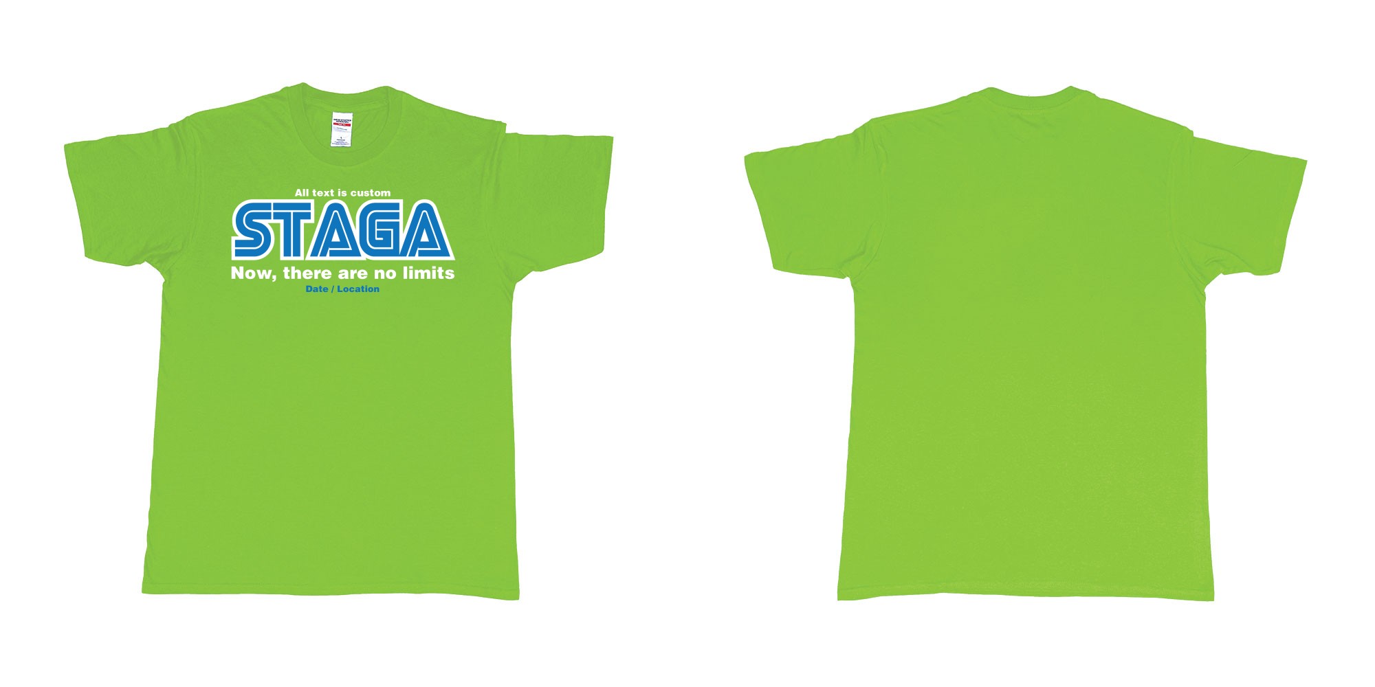 Custom tshirt design sega now there are no limits stag custom tshirt print in fabric color lime choice your own text made in Bali by The Pirate Way