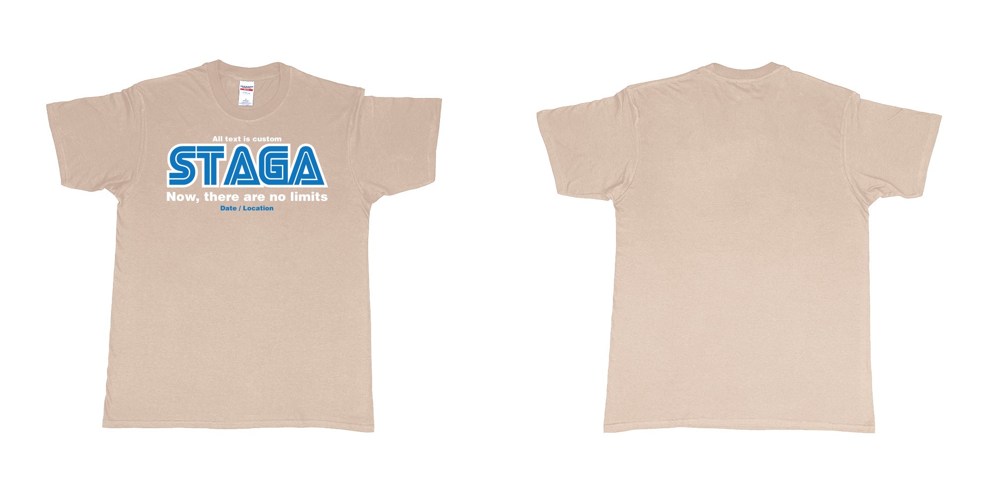 Custom tshirt design sega now there are no limits stag custom tshirt print in fabric color sand choice your own text made in Bali by The Pirate Way