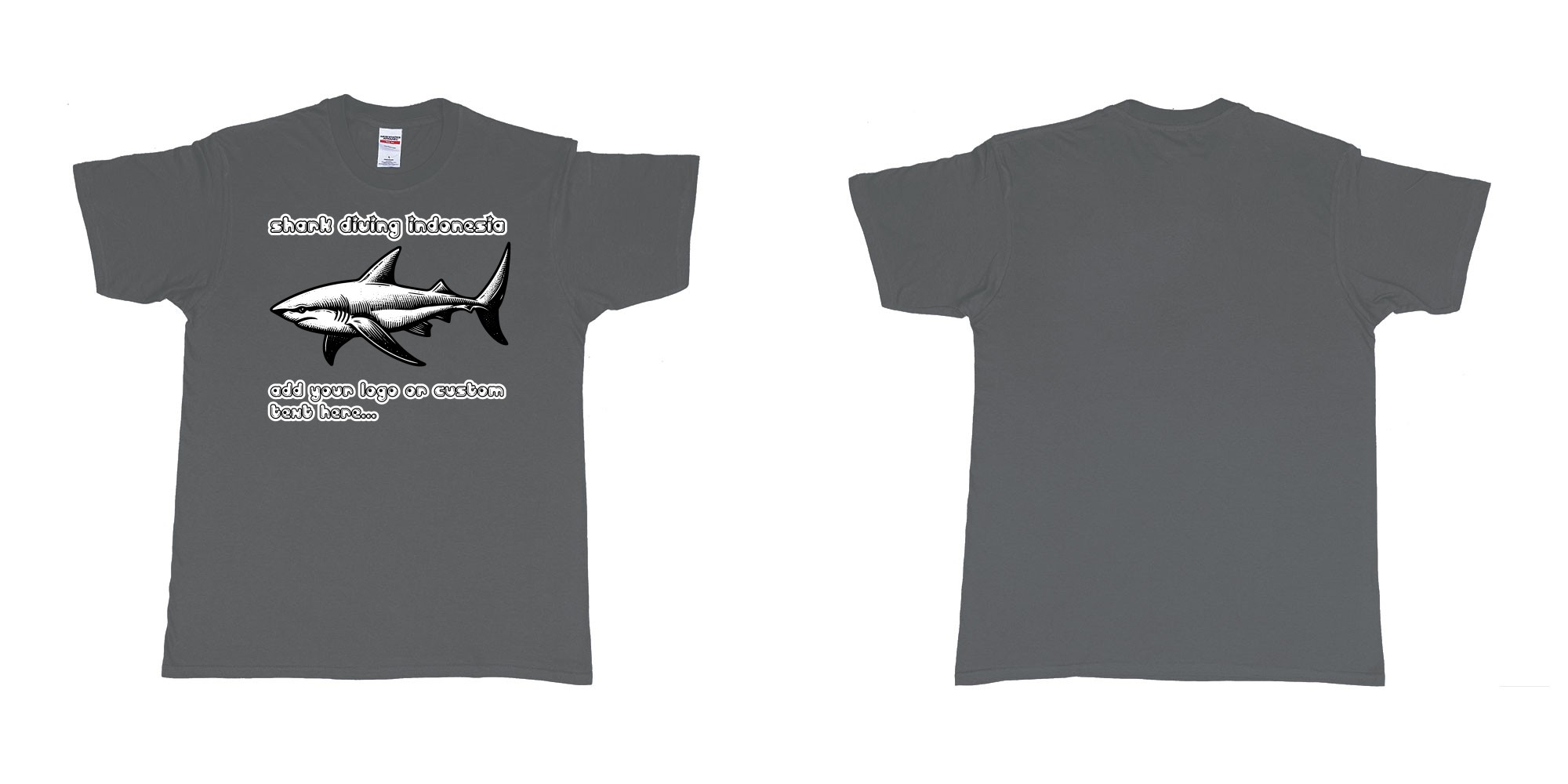 Custom tshirt design shark diving indonesia add own logo text tshirt print in fabric color charcoal choice your own text made in Bali by The Pirate Way