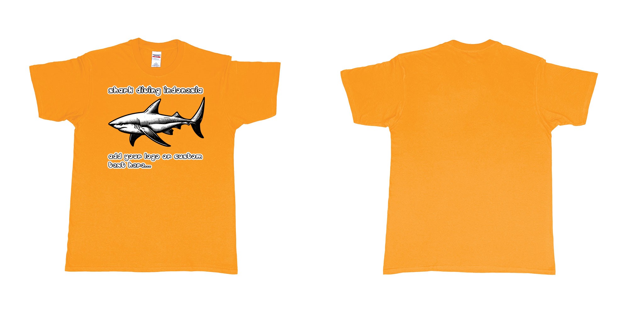 Custom tshirt design shark diving indonesia add own logo text tshirt print in fabric color gold choice your own text made in Bali by The Pirate Way