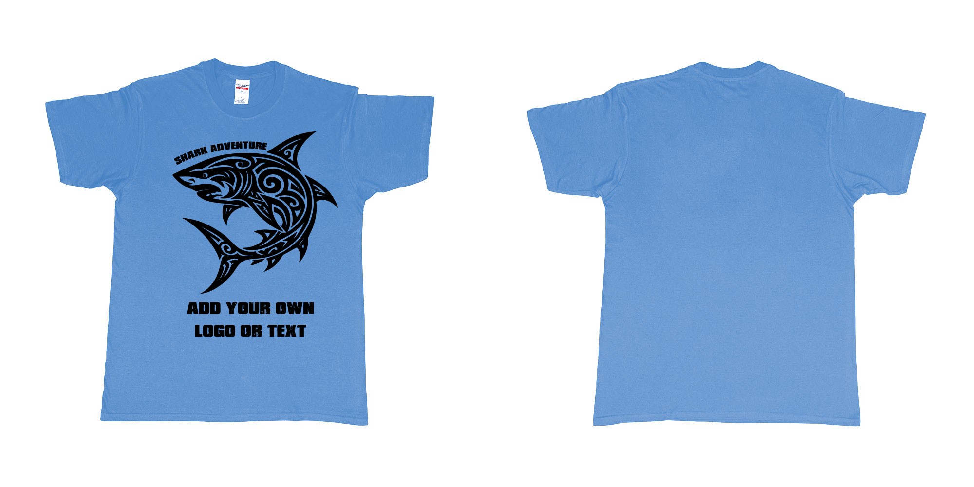 Custom tshirt design shark tribal add own logo or text bali tshirt design in fabric color carolina-blue choice your own text made in Bali by The Pirate Way