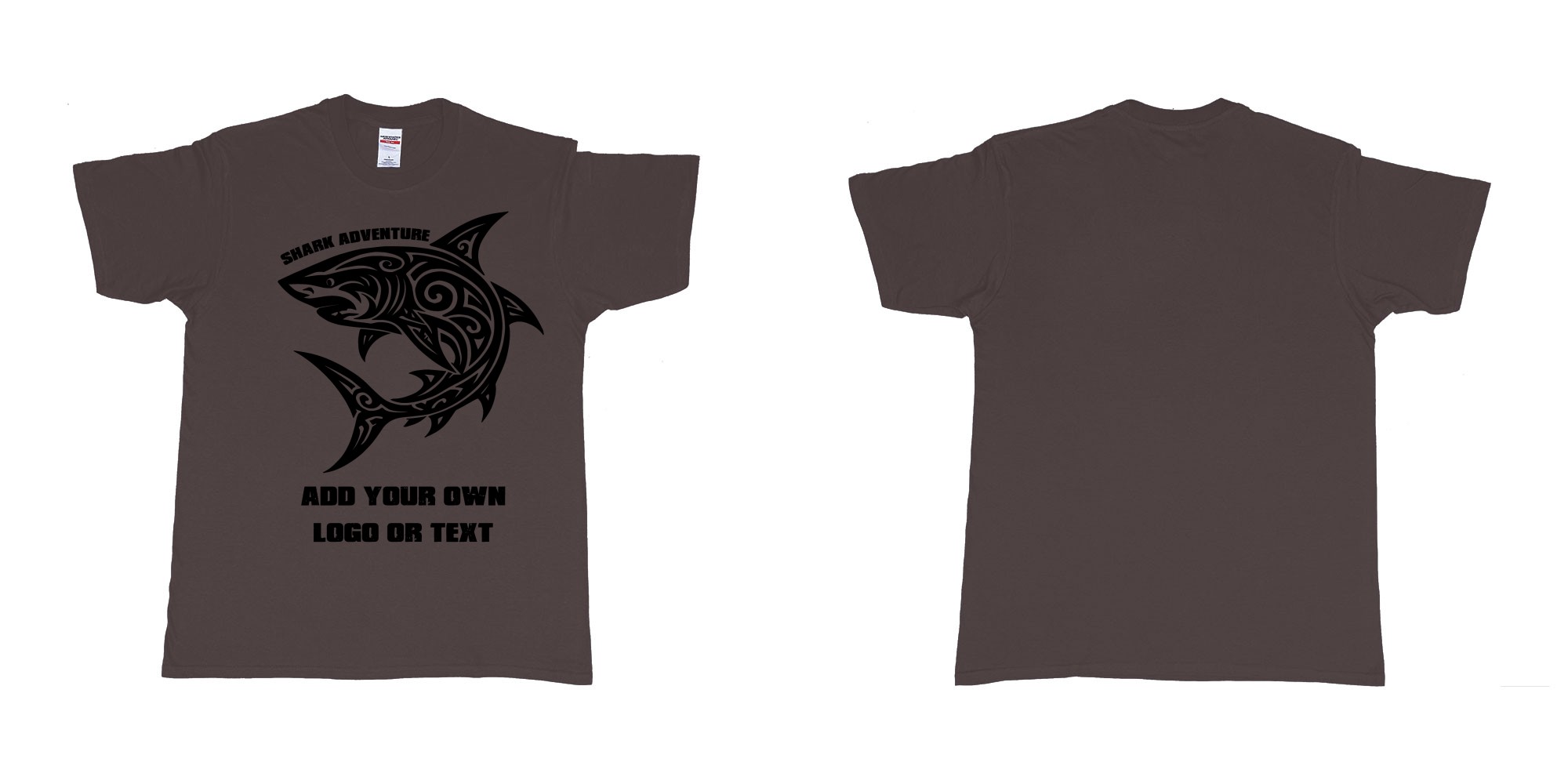 Custom tshirt design shark tribal add own logo or text bali tshirt design in fabric color dark-chocolate choice your own text made in Bali by The Pirate Way