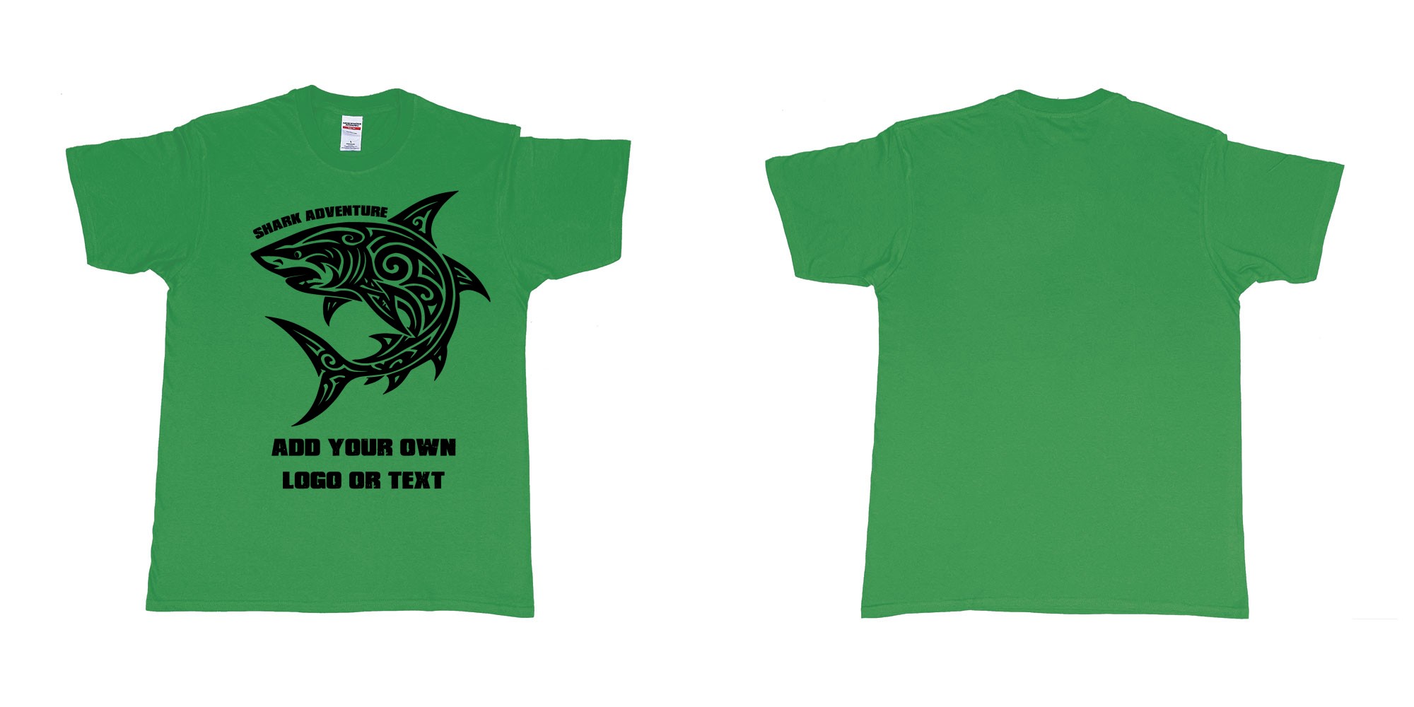 Custom tshirt design shark tribal add own logo or text bali tshirt design in fabric color irish-green choice your own text made in Bali by The Pirate Way