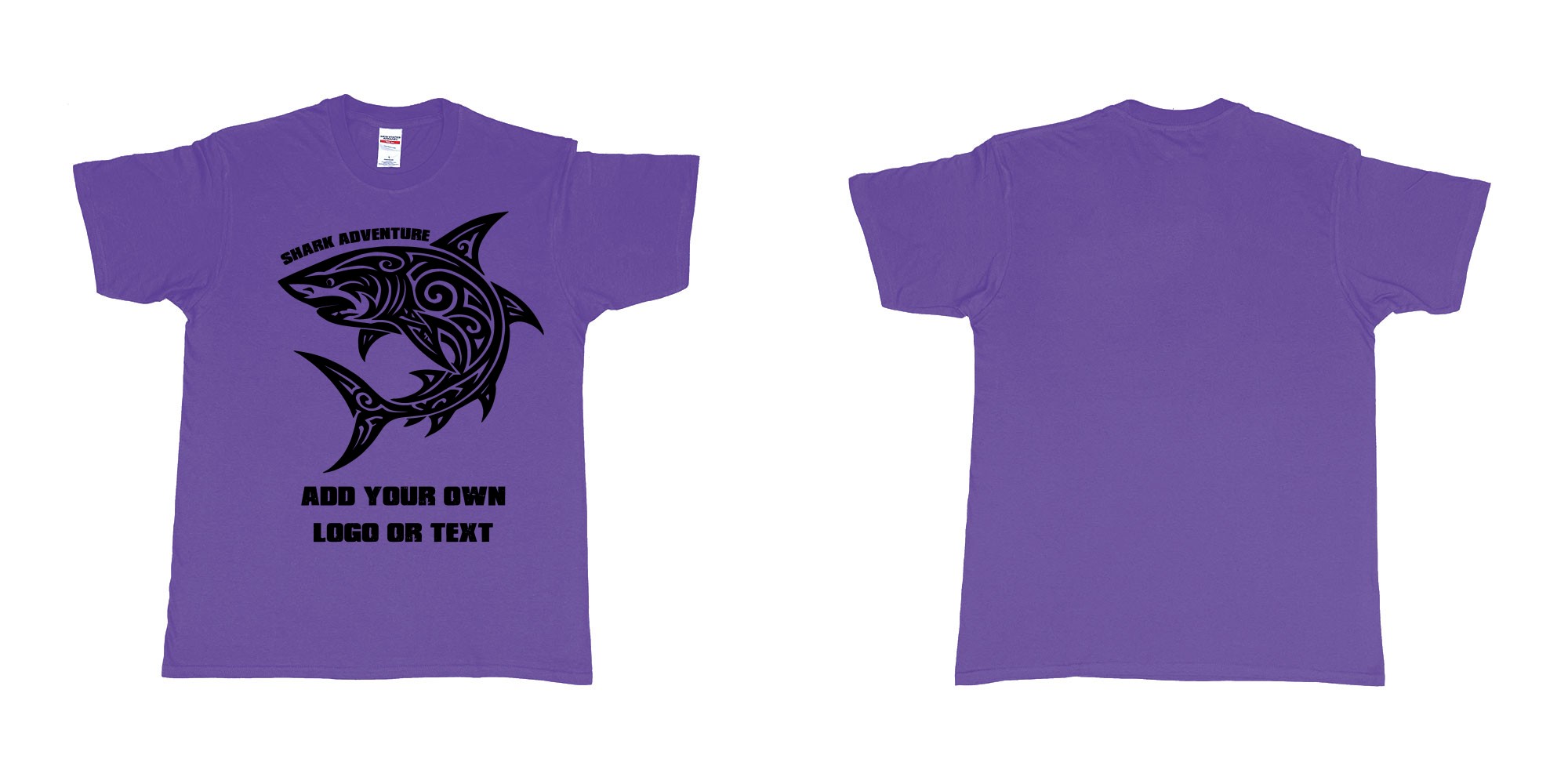 Custom tshirt design shark tribal add own logo or text bali tshirt design in fabric color purple choice your own text made in Bali by The Pirate Way