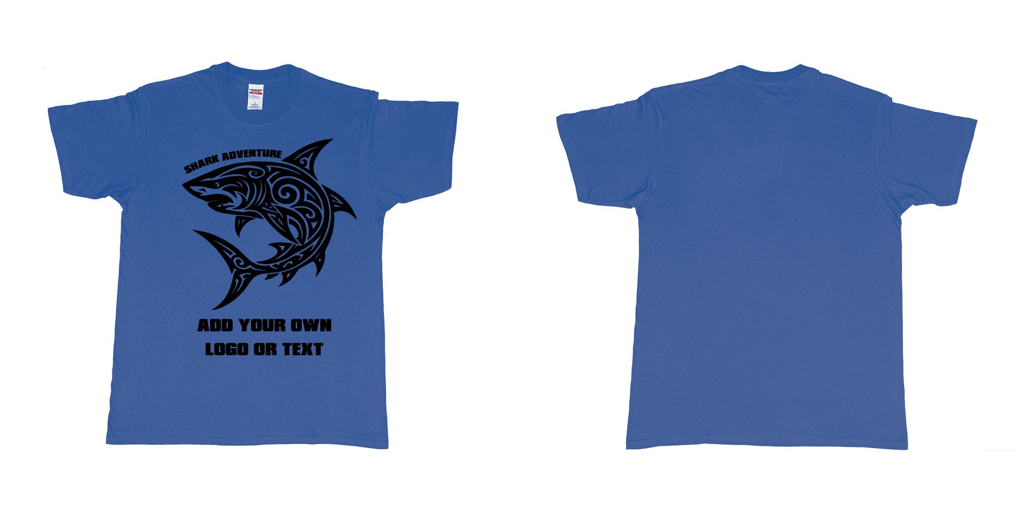 Custom tshirt design shark tribal add own logo or text bali tshirt design in fabric color royal-blue choice your own text made in Bali by The Pirate Way