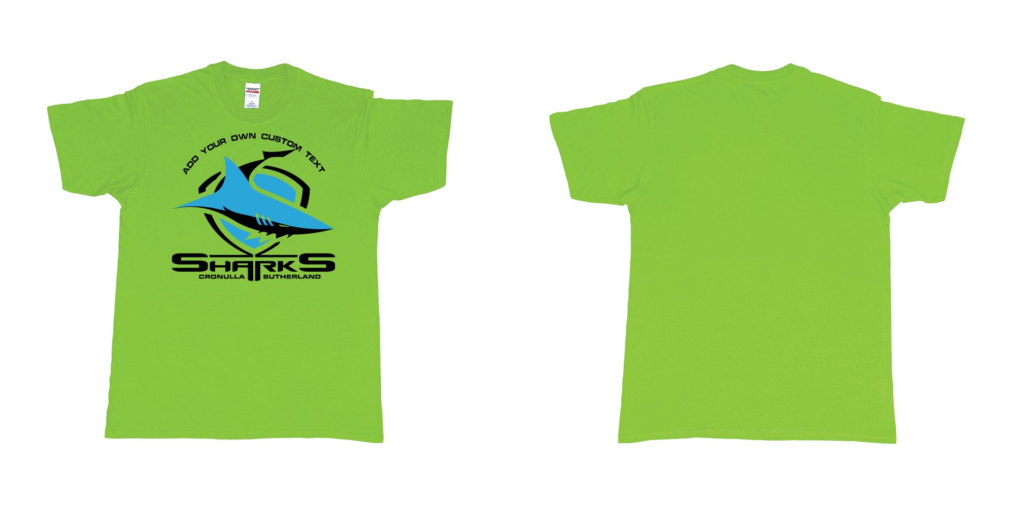 Custom tshirt design sharks cronulla sutherland shire southern sydney new south wales in fabric color lime choice your own text made in Bali by The Pirate Way