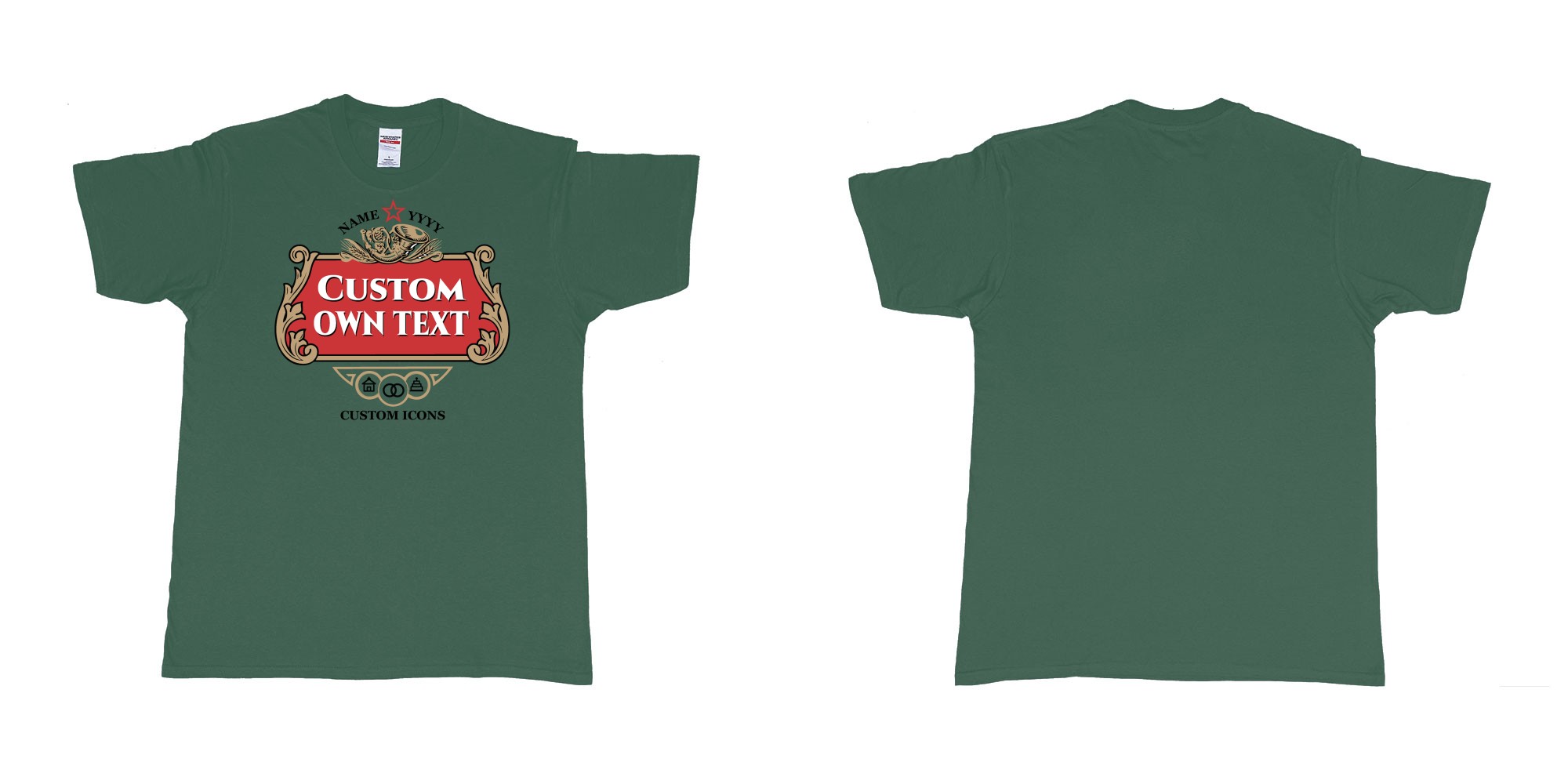 Custom tshirt design stella artois logo custom icons text design in fabric color forest-green choice your own text made in Bali by The Pirate Way