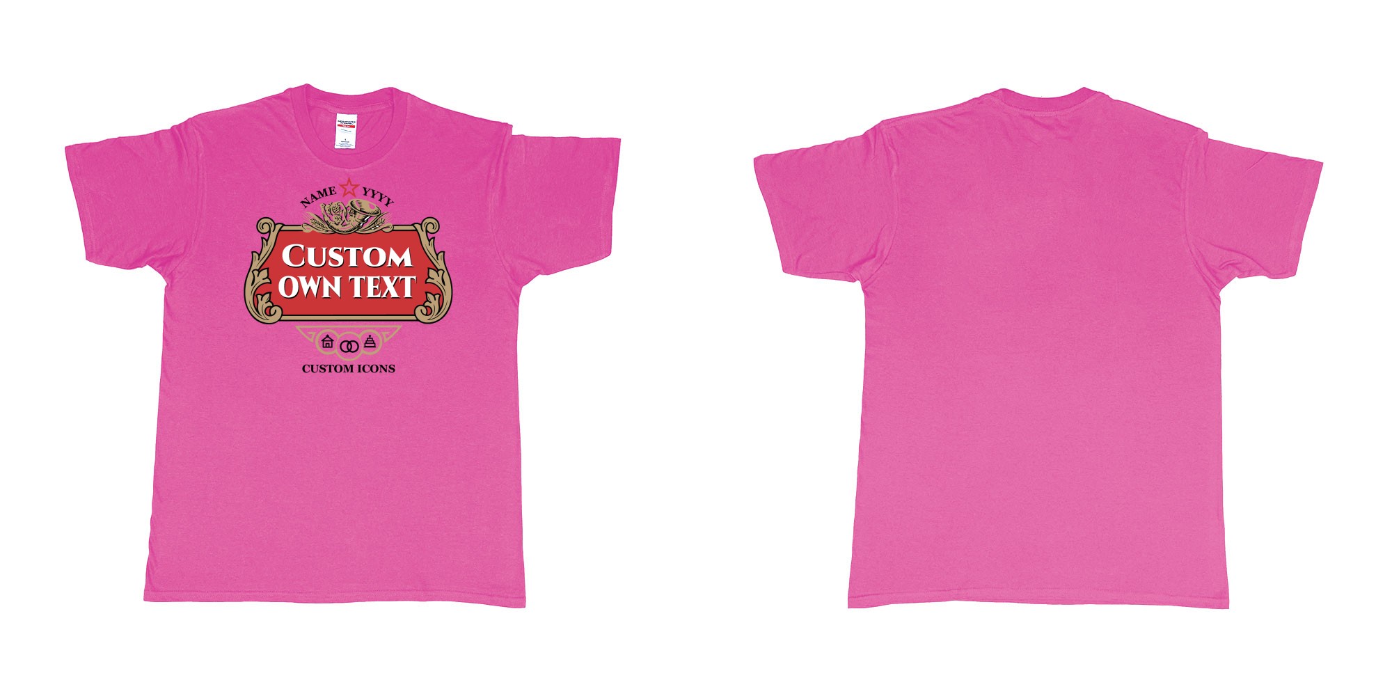 Custom tshirt design stella artois logo custom icons text design in fabric color heliconia choice your own text made in Bali by The Pirate Way