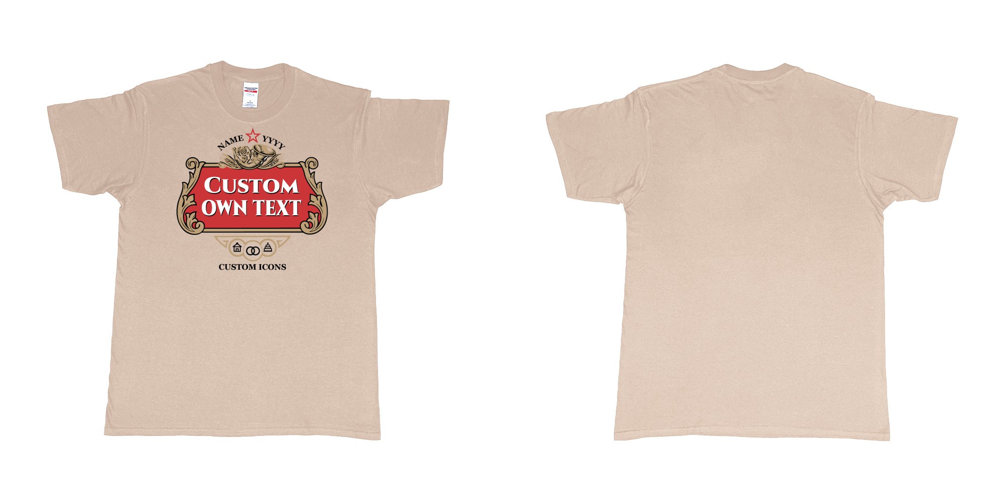 Custom tshirt design stella artois logo custom icons text design in fabric color sand choice your own text made in Bali by The Pirate Way
