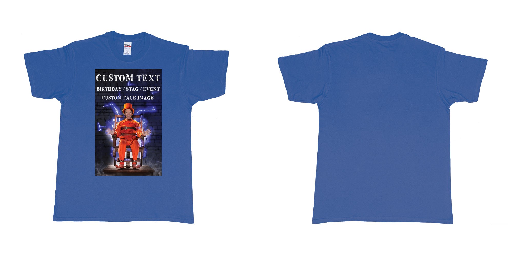 Custom tshirt design stevo guilty as charged custom face image electric chair in fabric color royal-blue choice your own text made in Bali by The Pirate Way