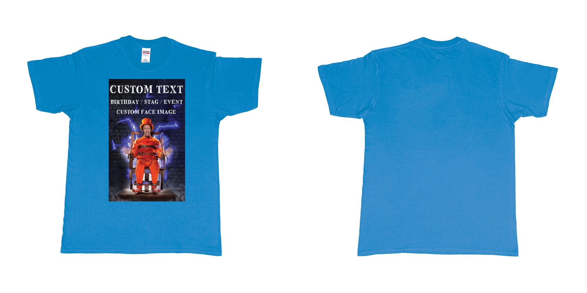 Custom tshirt design stevo guilty as charged custom face image electric chair in fabric color sapphire choice your own text made in Bali by The Pirate Way